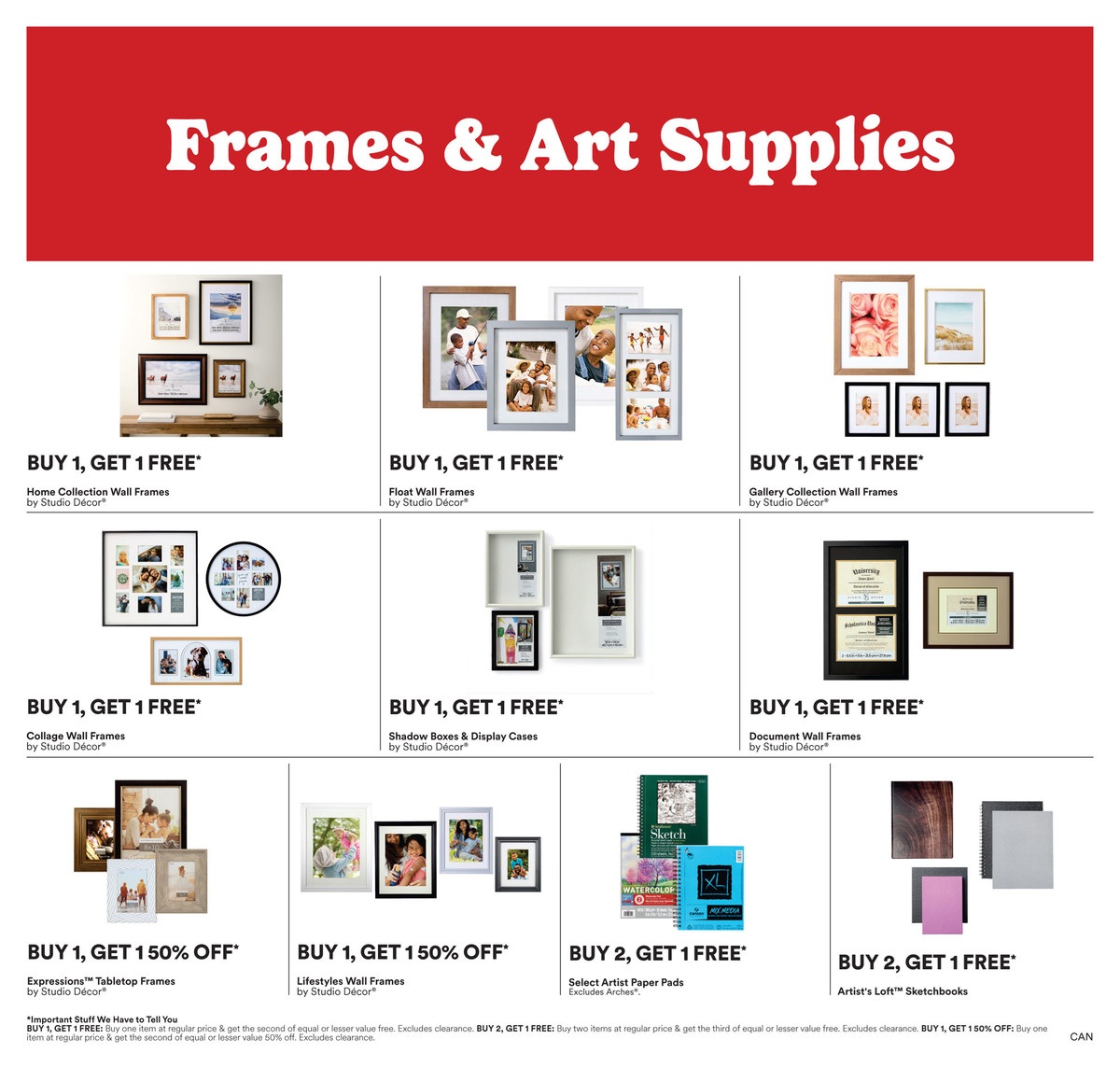 Michaels flyer page 3 features Frames & Art Supplies with various buy one, get one free offers. Deals include Buy 1, Get 1 Free on Home Collection Wall Frames, Float Wall Frames, Gallery Collection Wall Frames, Collage Wall Frames, Shadow Boxes & Display Cases, and Document Wall Frames, all by Studio Décor. Additionally, there are Buy 1, Get 1 50% off deals on Expressions Tabletop Frames and Lifestyles Wall Frames by Studio Décor. Also featured are Buy 2, Get 1 Free offers on Select Artist Paper Pads (Excludes Arches) and Artist's Loft Sketchbooks. Important details about the offers are listed at the bottom.