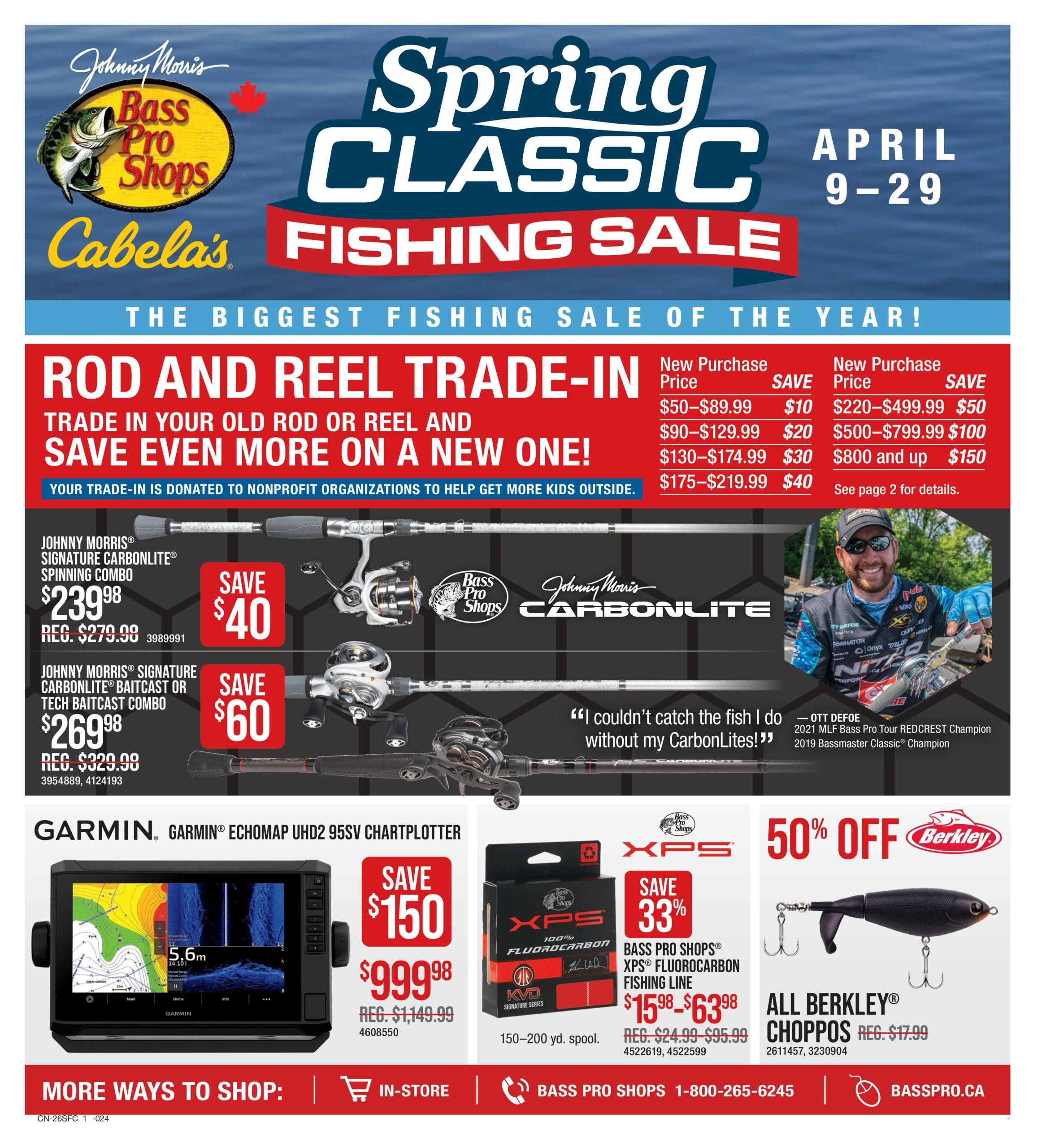 Bass Pro Shops Spring Classic Fishing Sale from April 9-29 featuring a Rod and Reel Trade-In event where you can save more on a new one. Trade-ins are donated to nonprofit organizations. Featured deals include the Johnny Morris Signature Carbonlite Spinning Combo for $239.98 (save $40), and the Johnny Morris Signature Carbonlite Baitcast or Tech Baitcast Combo for $269.98 (save $60). The Garmin ECHOMAP UHD2 95SV Chartplotter is on sale for $999.98 (save $150). Also available are Bass Pro Shops XPS Fluorocarbon Fishing Line, with prices ranging from $15.98 to $63.98 (save 33%), and All Berkley Choppos lures for $17.99 (50% off). The page also includes details on trade-in savings based on new purchase price, with savings from $10 to $150. A quote from Ott DeFoe, 2021 MLF Bass Pro Tour REDCREST Champion and 2019 Bassmaster Classic Champion, is featured.