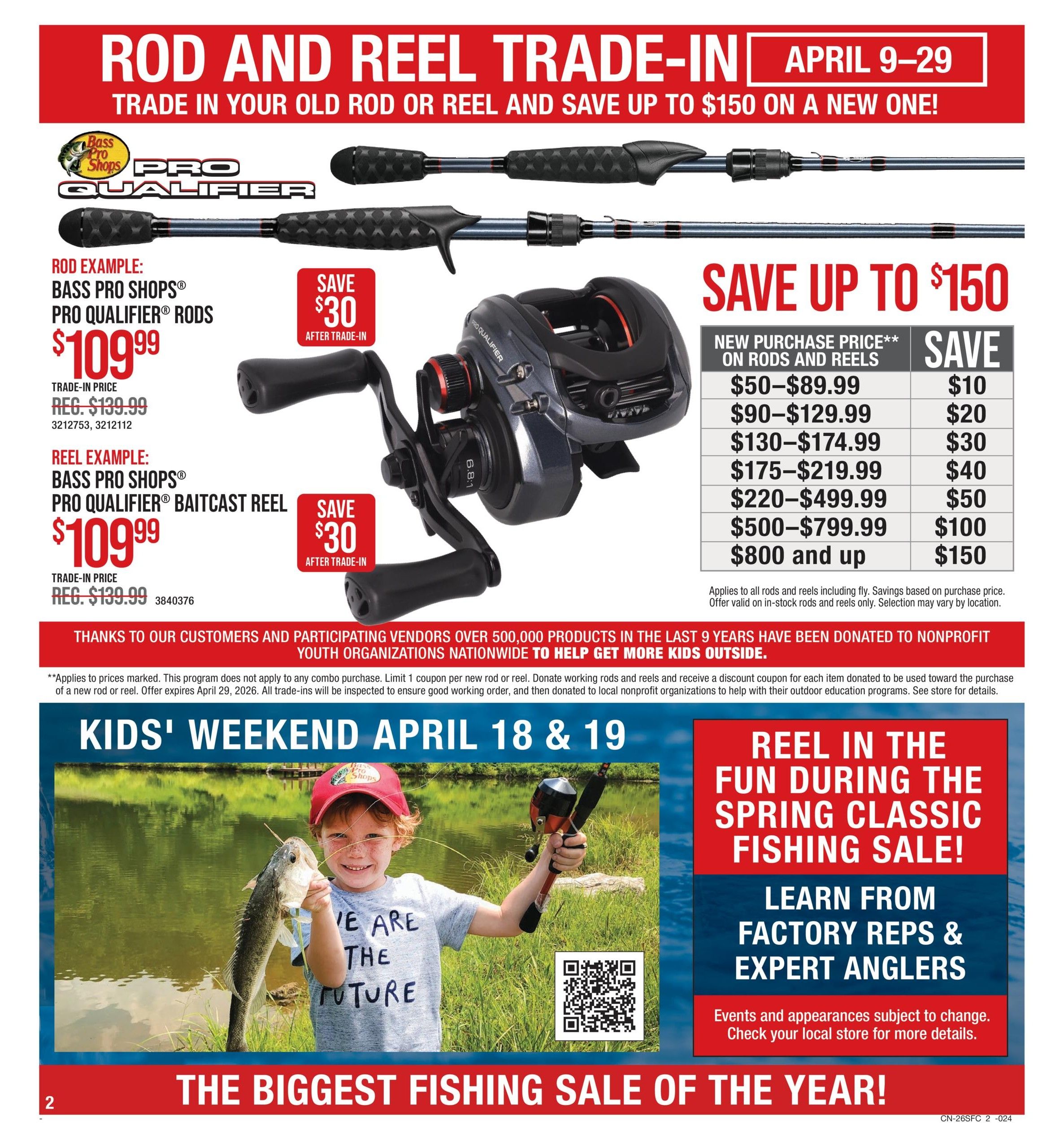 Bass Pro Shops flyer page 2 features a Rod and Reel Trade-In event from April 9-29, offering up to $150 savings on new purchases. Examples include Bass Pro Shops Pro Qualifier Rods, originally $139.99, now $109.99 after a $30 trade-in. Also featured are Bass Pro Shops Pro Qualifier Baitcast Reels, originally $139.99, now $109.99 with a $30 trade-in. Savings tiers for new rods and reels range from $10 on purchases of $50-$89.99 up to $150 on purchases of $800 and up. The page also highlights 'The Biggest Fishing Sale of the Year!' and promotes a 'Kids' Weekend' event on April 18 & 19, with activities including learning from factory reps and expert anglers. Over 500,000 products have been donated to youth organizations in the last 9 years.