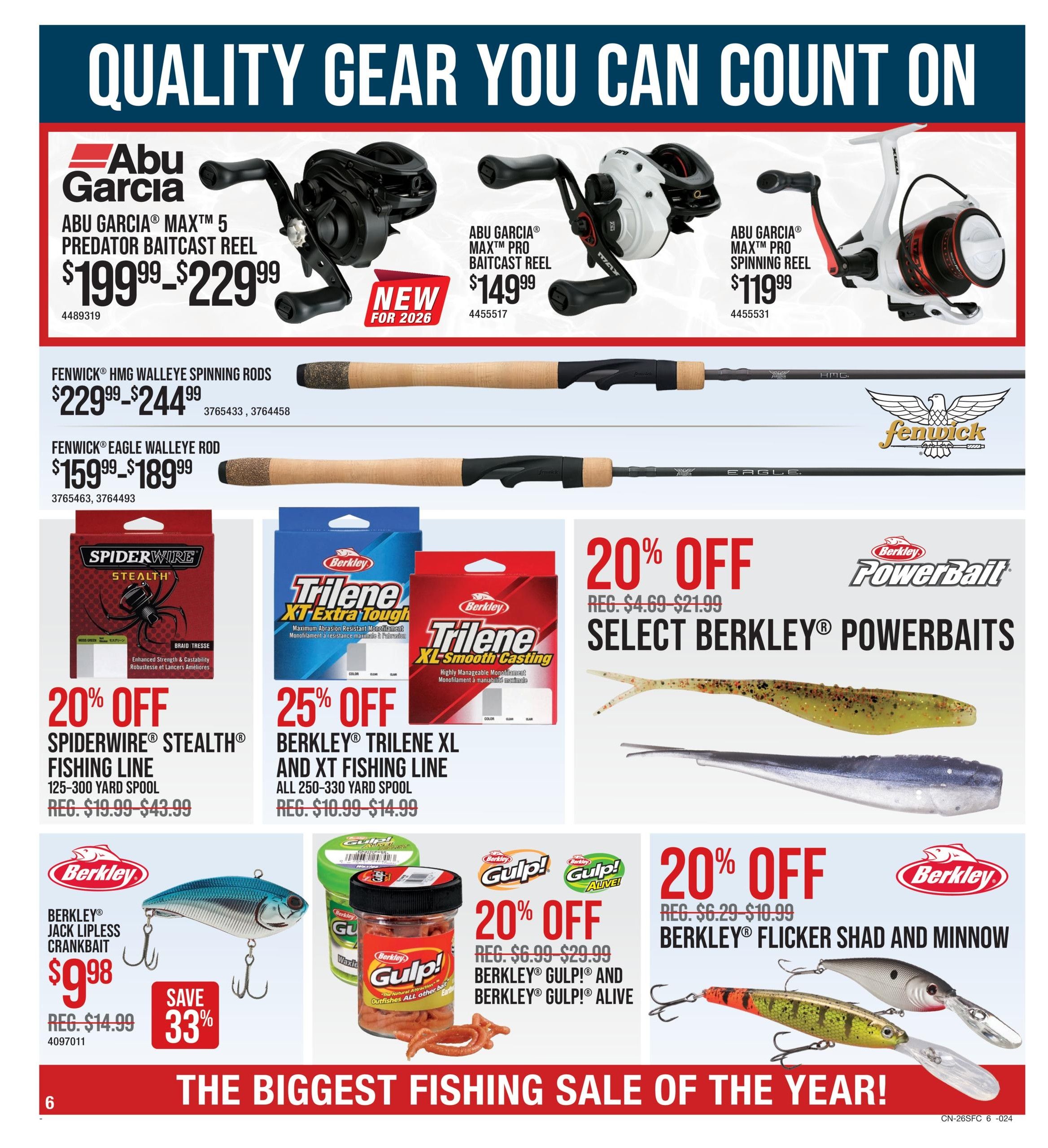 Bass Pro Shops flyer page 6 features quality fishing gear. Top row includes Abu Garcia Maxx Predator Baitcast Reel for $199.99-$229.99, Abu Garcia Maxx Pro Baitcast Reel for $149.99, and Abu Garcia Maxx Pro Spinning Reel for $119.99. Below are Fenwick HMG Walleye Spinning Rods for $229.99-$244.99 and Fenwick Eagle Walleye Rods for $159.99-$189.99. Featured discounts include 20% off Spiderwire Stealth Fishing Line (125-300 yard spool), originally $19.99-$43.99. Also, 25% off Berkley Trilene XL and XT Fishing Line (all 250-330 yard spool), originally $10.99-$14.99. Select Berkley Powerbaits are 20% off, with regular prices from $4.69-$21.99. Berkley Jack Lipless Crankbait is on sale for $9.98, saving 33% from the regular price of $14.99. Berkley Gulp! and Berkley Gulp! Alive are 20% off, with regular prices from $6.99-$29.99. Berkley Flicker Shad and Minnow lures are 20% off, with regular prices from $6.29-$10.99. The page highlights 'The Biggest Fishing Sale of the Year!'