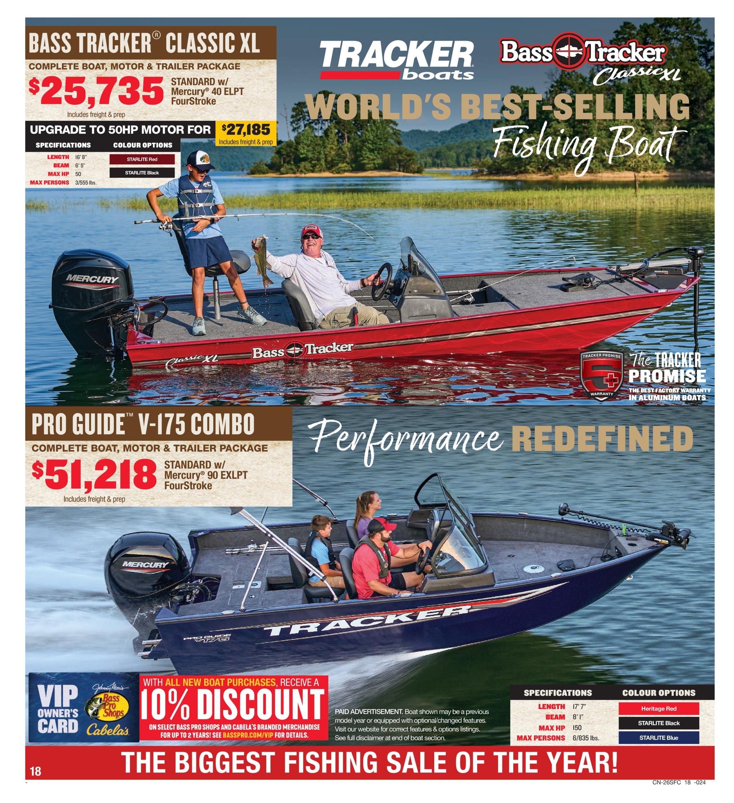 Bass Pro Shops Spring Classic Fishing Sale flyer, page 18. Features the Bass Tracker Classic XL complete boat, motor & trailer package for $25,735, standard with Mercury 40 ELPT FourStroke. Upgrade to a 50HP motor for $27,185. Specifications include 16' 8' length, 6' 5' beam, 50 max HP, and capacity for 3/555 lbs. Available in Starlite Red or Starlite Black. Also featured is the Pro Guide V-175 Combo complete boat, motor & trailer package for $51,218, standard with Mercury 90 EXLPT FourStroke. Specifications include 17' 7' length, 8' 1' beam, 150 max HP, and capacity for 6/835 lbs. Available in Heritage Red, Starlite Black, or Starlite Blue. With any new boat purchase, receive a 10% discount on select Bass Pro Shops and Cabela's branded merchandise for up to 2 years. Visit basspro.com/vip for details. The page is titled 'The Biggest Fishing Sale of the Year!