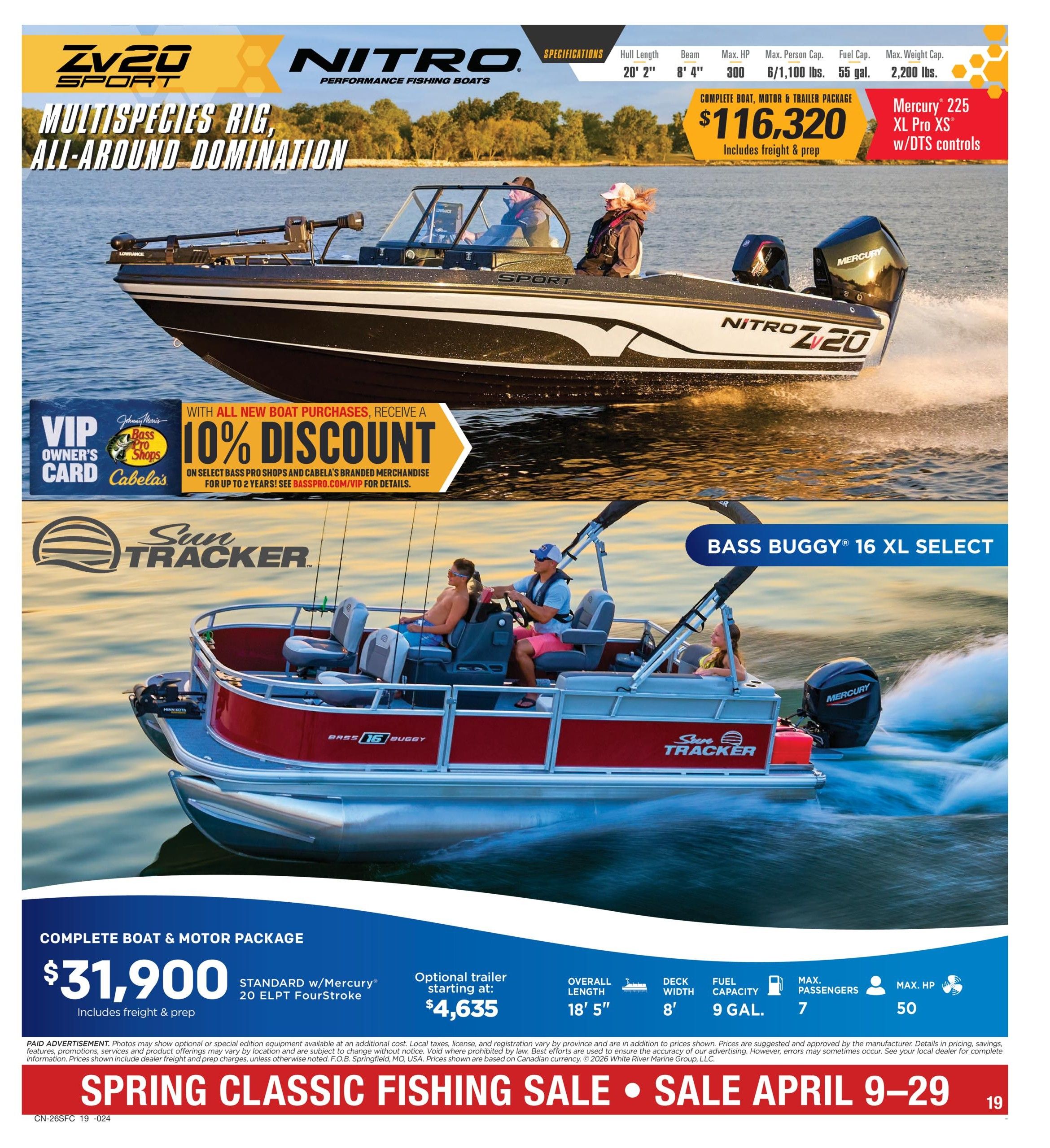Bass Pro Shops Spring Classic Fishing Sale flyer, page 19. Features a Nitro Z20 Sport multispecies fishing boat package for $116,320, including freight and prep, with a Mercury 225 XL Pro XS w/DTS controls. Also features a Sun Tracker Bass Buggy 16 XL Select pontoon boat package for $31,900, standard with a Mercury 20 ELPT FourStroke, and an optional trailer starting at $4,635. The pontoon boat has an overall length of 18' 5', deck width of 8', fuel capacity of 9 gallons, max passengers of 7, and max HP of 50. VIP Owner's Card holders receive a 10% discount on all new boat purchases, applicable to select Bass Pro Shops and Cabela's branded merchandise for up to 2 years. Sale runs April 9-29.