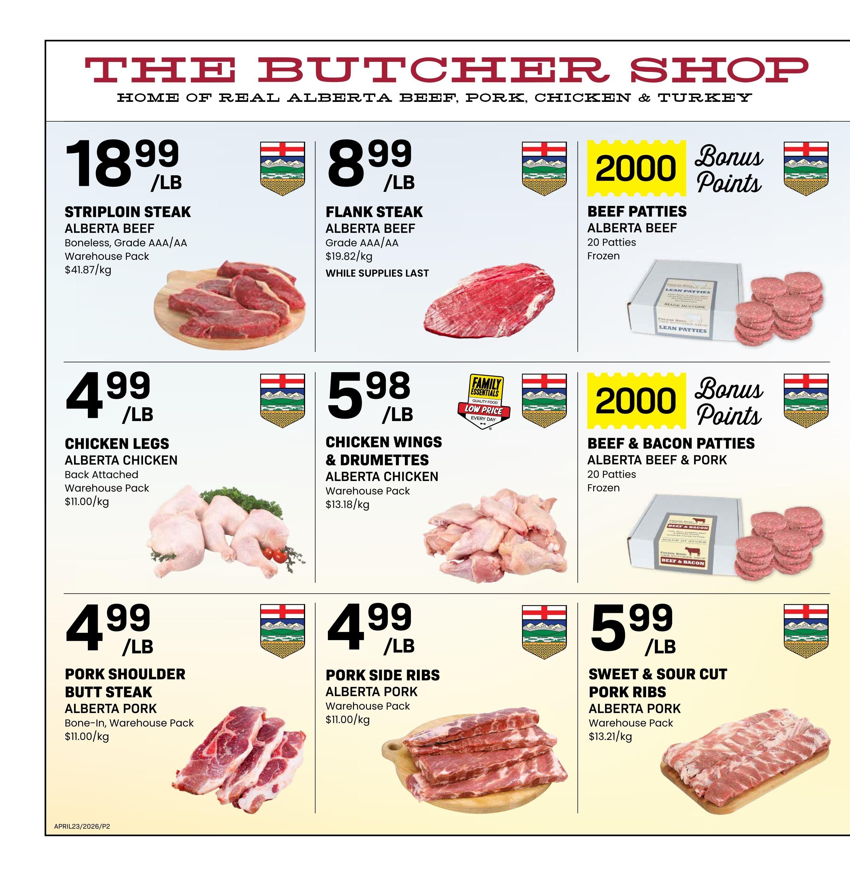 The Butcher Shop page 2 features various meat specials from Freson Bros. Highlights include Striploin Steak Alberta Beef for $18.99/lb, Flank Steak Alberta Beef for $8.99/lb, and Chicken Legs Alberta Chicken for $4.99/lb. Also available are Chicken Wings & Drumettes Alberta Chicken for $5.99/lb, Pork Shoulder Butt Steak Alberta Pork for $4.99/lb, and Sweet & Sour Cut Pork Ribs Alberta Pork for $5.99/lb. Additionally, there are offers for 2000 Bonus Points on Beef Patties Alberta Beef and Beef & Bacon Patties Alberta Beef & Pork, both frozen and sold in 20-patty packages.