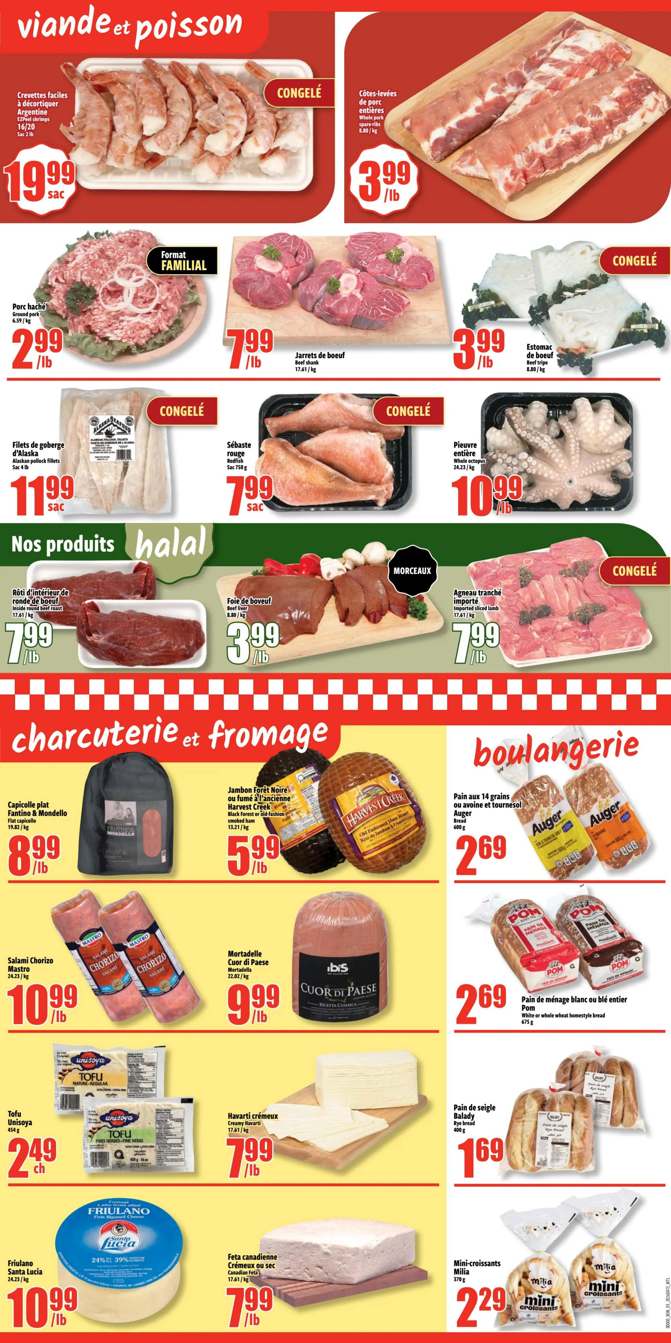 Bonanza weekly flyer specials page 3 features a wide selection of meats, seafood, deli items, and bakery products. Frozen easy-peel shrimp are $19.99 per bag. Pork spare ribs are $3.99/lb. Family pack ground pork is $2.99/lb. Beef shank is $7.99/lb. Frozen beef tripe is $3.99/lb. Frozen Alaska pollock fillets are $11.99 per bag. Frozen redfish is $7.99 per bag. Frozen whole octopus is $10.99/lb. Halal products include inside round beef roast for $7.99/lb and beef liver for $3.99/lb. Imported sliced lamb is $7.99/lb. Deli section offers Fantino & Mondello capicollo for $8.99/lb, Harvest Creek smoked ham for $5.99/lb, Mastro Chorizo salami for $10.99/lb, and Cuor di Paese mortadella for $9.99/lb. Bakery items include Auger 14-grain or sunflower bread for $2.69 each and Pom white or whole wheat homestyle bread for $2.69 each. Balady rye bread is $1.69 for 2 loaves. Other items include Unijoya Tofu for $2.49 each, creamy Havarti cheese for $7.99/lb, Friulano Santa Lucia cheese for $10.99/lb, and Canadian feta cheese for $7.99/lb. Milia mini croissants are $2.29 for a pack.