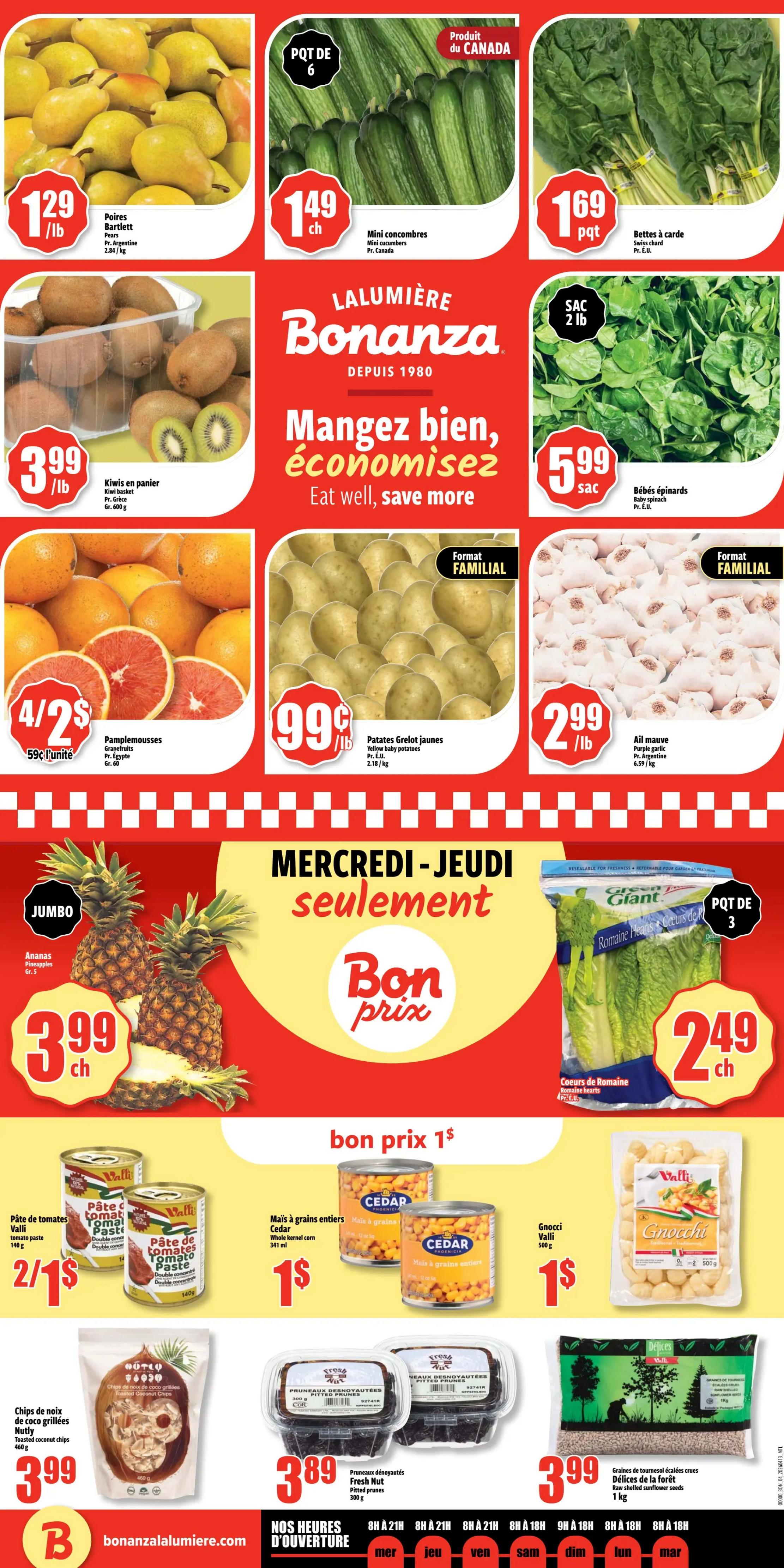 Bonanza weekly flyer specials page 4 features Bartlett pears for $1.29/lb, mini cucumbers for $1.49 each, and Swiss chard for $1.69/package. Also available are kiwis in a container for $3.99/lb, baby spinach for $5.99/bag, and grapefruit for 4/$5. Yellow baby potatoes are $0.99/lb, and purple garlic is $2.99/lb. Jumbo pineapples are $3.99 each. Green Giant romaine hearts are $2.49 each. Special offers include Valli tomato paste 2/$1, Cedar whole kernel corn for $1, and Valli Gnocchi for $1. Additional items are Nutly grilled coconut chips for $3.99, Fresh Nut pitted prunes for $3.89, and raw shelled sunflower seeds for $3.99. Store hours are listed at the bottom.
