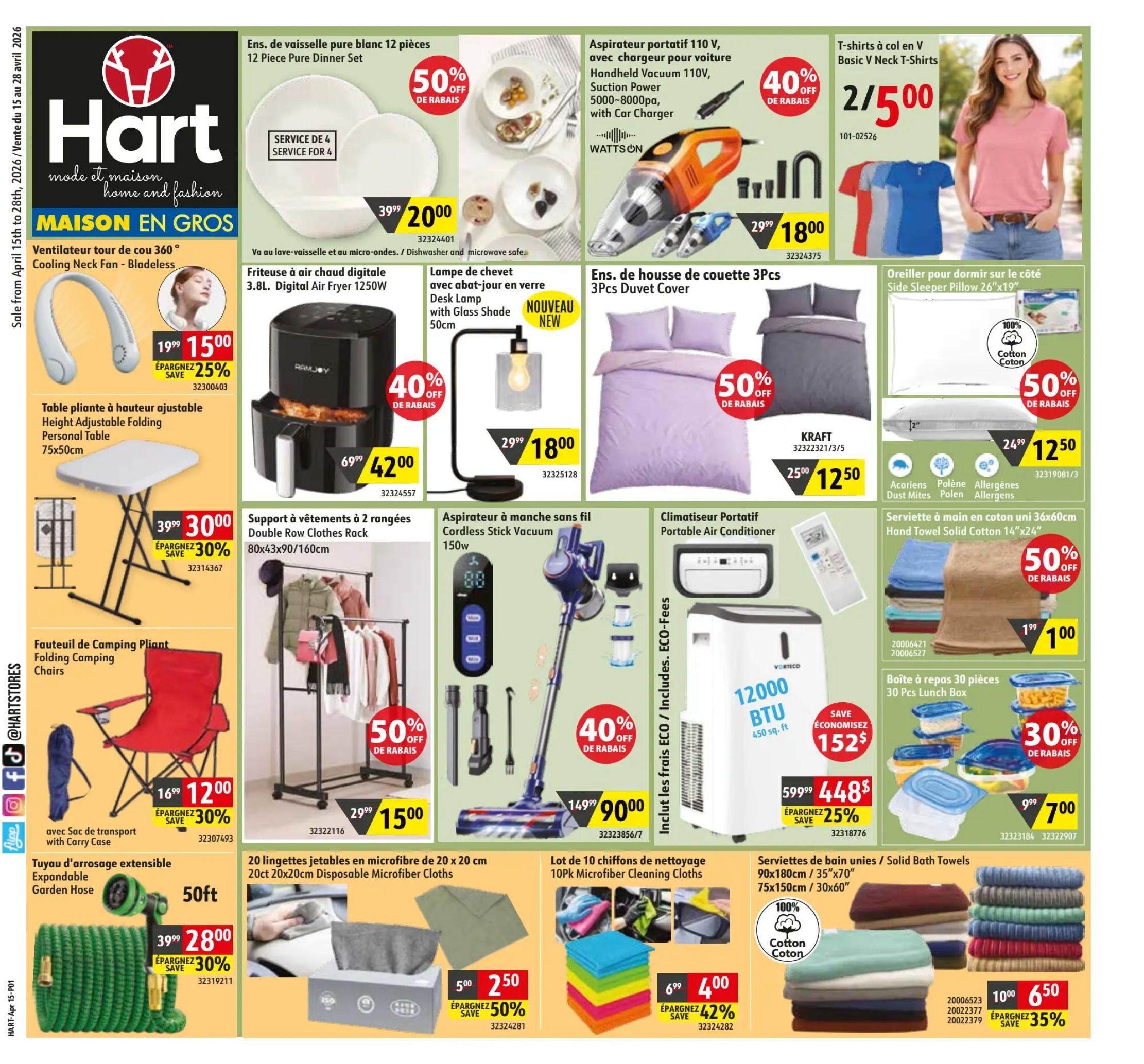 Hart flyer specials page 1 features a 12-piece pure dinner set for $20.00, down from $39.99. A cooling neck fan is on sale for $15.00, a 25% saving. The digital air fryer is $42.00, a 40% discount. Basic V-neck T-shirts are 2 for $5.00. A side sleeper pillow is 50% off, priced at $12.50. A folding personal table is $30.00, saving 30%. A double-row clothes rack is $15.00, 50% off. A desk lamp with a glass shade is $18.00, 40% off. A 3-piece duvet cover set is 50% off. A portable air conditioner is $448.00, a 25% saving. Folding camping chairs are $12.00, a 30% discount. An expandable garden hose is $28.00, saving 30%. Disposable microfiber cloths are 2 for $2.50, 50% off. Microfiber cleaning cloths are 40% off, priced at $4.00. A 30-piece lunch box set is $7.00, 30% off. Solid bath towels are $6.50, a 35% saving.