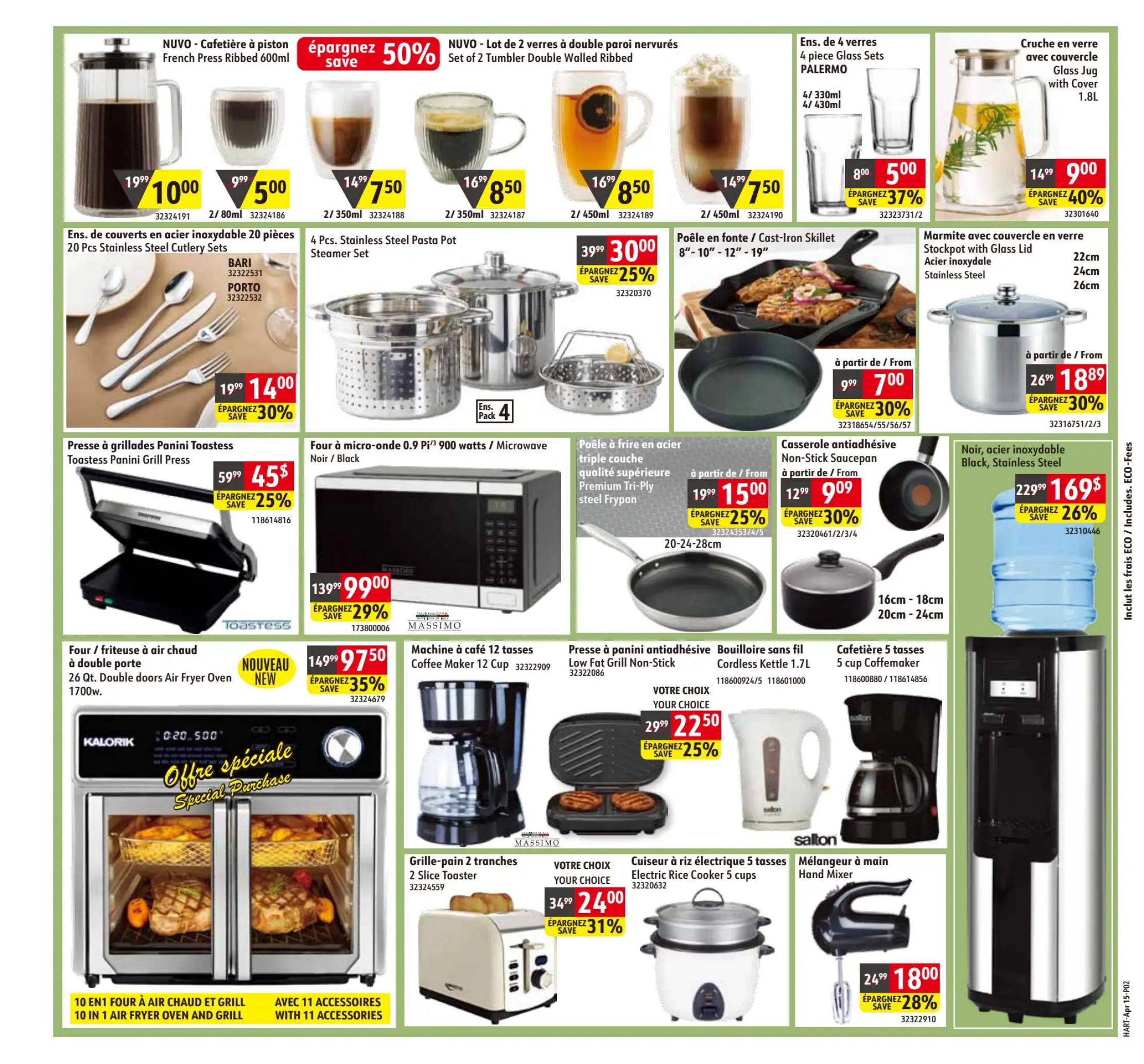 Hart flyer specials page 2 features a variety of kitchenware and small appliances. Save 50% on NUVO French Press Ribbed 600ml for $10.00. Set of 2 Tumbler Double Walled Ribbed glasses are $7.50 (save 50%). 2/350ml double-walled glasses are $8.50 (save 50%). 2/450ml double-walled glasses are $8.50 (save 50%). 2/350ml double-walled glasses are $7.50 (save 50%). Get a 20 Piece Stainless Steel Cutlery Set for $14.00 (save 30%). A 4-piece Stainless Steel Pasta Pot Steamer Set is $30.00 (save 25%). Palermo 4-piece Glass Sets are $5.00 (save 37%). A Glass Jug with Cover 1.8L is $9.00 (save 40%). Cast-Iron Skillets (8'-10'-12'-19') are $7.00 (save 30%). Stainless Steel Stockpot with Glass Lid (22cm, 24cm, 26cm) is $18.89 (save 30%). Toastees Panini Grill Press is $45.00 (save 25%). A 0.9 cu/ft 900-watt Microwave is $99.00 (save 29%). A Premium Tri-Ply Steel Frypan (20-28cm) is $15.00 (save 25%). A Non-Stick Saucepan (16cm-18cm, 20cm-24cm) is $9.00 (save 30%). A 26 Qt. Double Doors Air Fryer Oven 1700w is $97.50 (save 35%). A 12-cup Coffee Maker is $22.50 (save 25%). A Low Fat Grill Non-Stick Panini Press is $22.50 (save 25%). A Cordless Kettle 1.7L is $22.50 (save 25%). A 5-cup Coffemaker is $18.00 (save 28%). A 2-Slice Toaster is $24.00 (save 31%). A 5-cup Electric Rice Cooker is $24.00.
