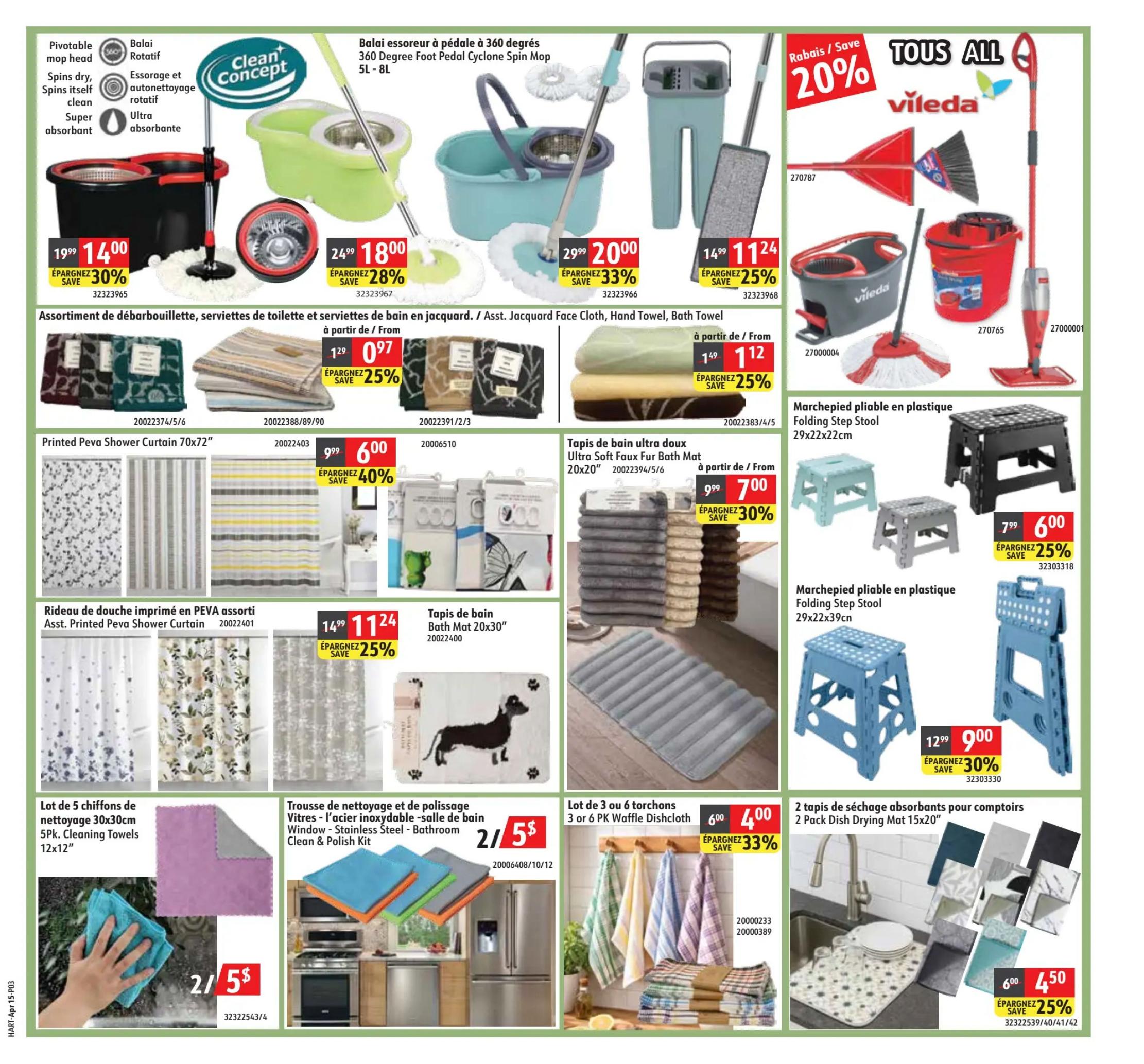 Hart flyer page 3 features a variety of cleaning supplies and home accessories. Top row includes a Clean Concept Spin Mop for $14.00 (save 30%), a 360 Degree Foot Pedal Cyclone Spin Mop for $18.00 (save 28%), and another spin mop system for $20.00 (save 33%). Also featured is a Vileda broom and dustpan set for $11.24 (save 25%), a Vileda spin mop bucket for $11.24 (save 25%), and a Vileda steam mop for $11.24 (save 25%). Below these are assorted jacquard dishcloths, face cloths, and hand towels starting from $0.97 (save 25%), and assorted ultra soft faux fur bath mats starting from $1.12 (save 25%). The middle section showcases printed PEVA shower curtains for $6.00 (save 40%) and assorted printed PEVA shower curtains for $11.24 (save 25%). Also available are bath mats 20x30' for $7.00 (save 30%). The bottom section includes 5pk cleaning towels 12x12' for 2 for $5, a stainless steel bathroom clean & polish kit, 3 or 6 pack waffle dishcloths for $4.00 (save 33%), and 2 pack dish drying mats 15x20' for $4.50 (save 25%). Folding step stools are also on sale, with one size for $6.00 (save 25%) and a larger one for $9.00 (save 30%).