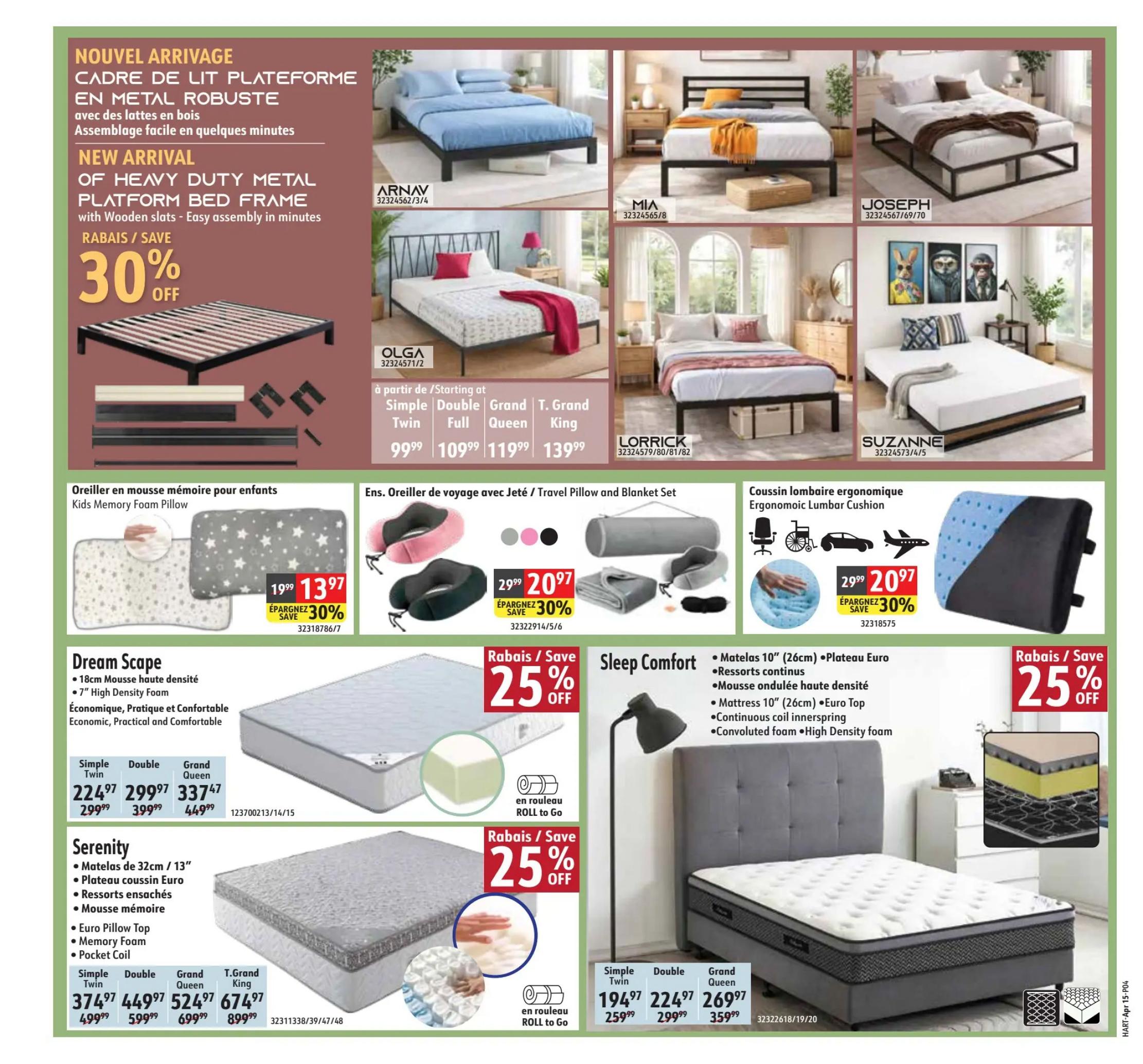 Hart flyer page 4 features a new arrival of a heavy-duty metal platform bed frame with wooden slats, offering 30% off. Various bed frame styles are showcased including Arnav, Mia, Joseph, Olga, LORRICK, and SUZANNE, with prices starting at $99.99 for Olga in Simple Twin size. Also featured are Kids Memory Foam Pillows on sale for $13.97 (30% off), down from $19.99. A Travel Pillow and Blanket Set is available for $20.97 (30% off), reduced from $29.99. Mattresses are on sale with 25% off: Dream Scape mattresses are $224.97 for Simple Twin, $299.97 for Double, and $337.47 for Grand Queen. Serenity mattresses are $374.97 for Simple Twin, $449.97 for Double, $524.97 for Grand Queen, and $674.97 for T. Grand King. The Sleep Comfort mattress is priced at $194.97 for Simple Twin, $224.97 for Double, and $269.97 for Grand Queen. An Ergonomic Lumbar Cushion is on sale for $20.97 (30% off), down from $29.99.