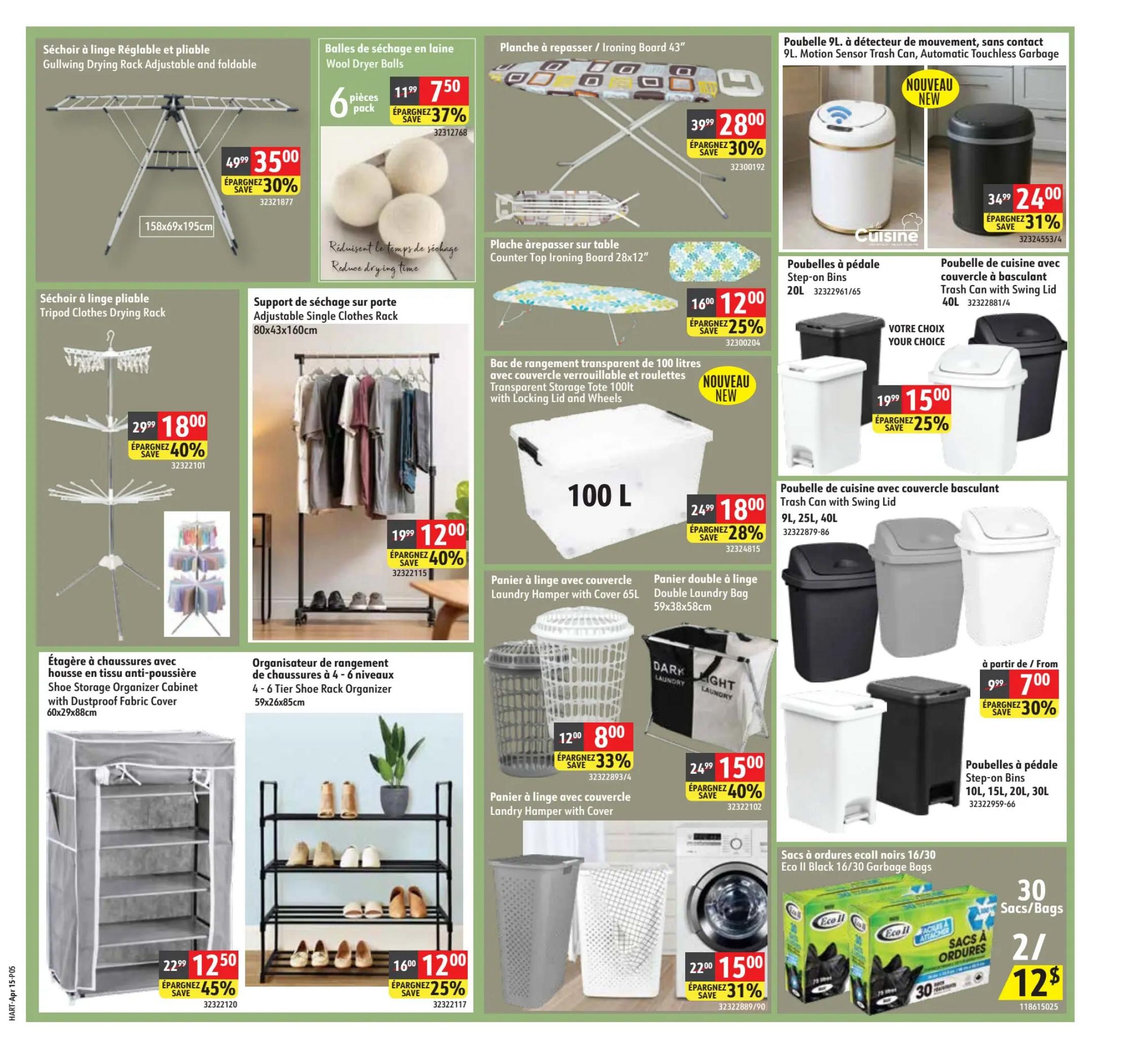 Hart flyer specials page 5 features a Gullwing Drying Rack Adjustable and Foldable for $35.00, saving 30%. Wool Dryer Balls are on sale for $7.50 for a 6-piece pack, a 37% saving. An Ironing Board 43' is $28.00, saving 30%. A Counter Top Ironing Board 28x12' is $12.00, saving 25%. A new 100L Transparent Storage Tote with Locking Lid and Wheels is $18.00, saving 28%. A Tripod Clothes Drying Rack is $18.00, saving 40%. An Adjustable Single Clothes Rack is $12.00, saving 40%. A Laundry Hamper with Cover (65L) is $8.00, saving 33%. A Double Laundry Bag (59x38x58cm) is $15.00, saving 40%. A new 9L Motion Sensor Trash Can is $24.00, saving 31%. Step-on Bins (20L) are $15.00, saving 25%. Kitchen Trash Cans with Swing Lid (9L, 25L, 40L) start at $7.00, saving 30%. A Shoe Storage Organizer Cabinet with Dustproof Fabric Cover (60x29x88cm) is $12.50, saving 45%. A 4-6 Tier Shoe Rack Organizer (59x26x85cm) is $12.00, saving 25%. Eco II Black 16/30 Garbage Bags are 2 for $12.00.