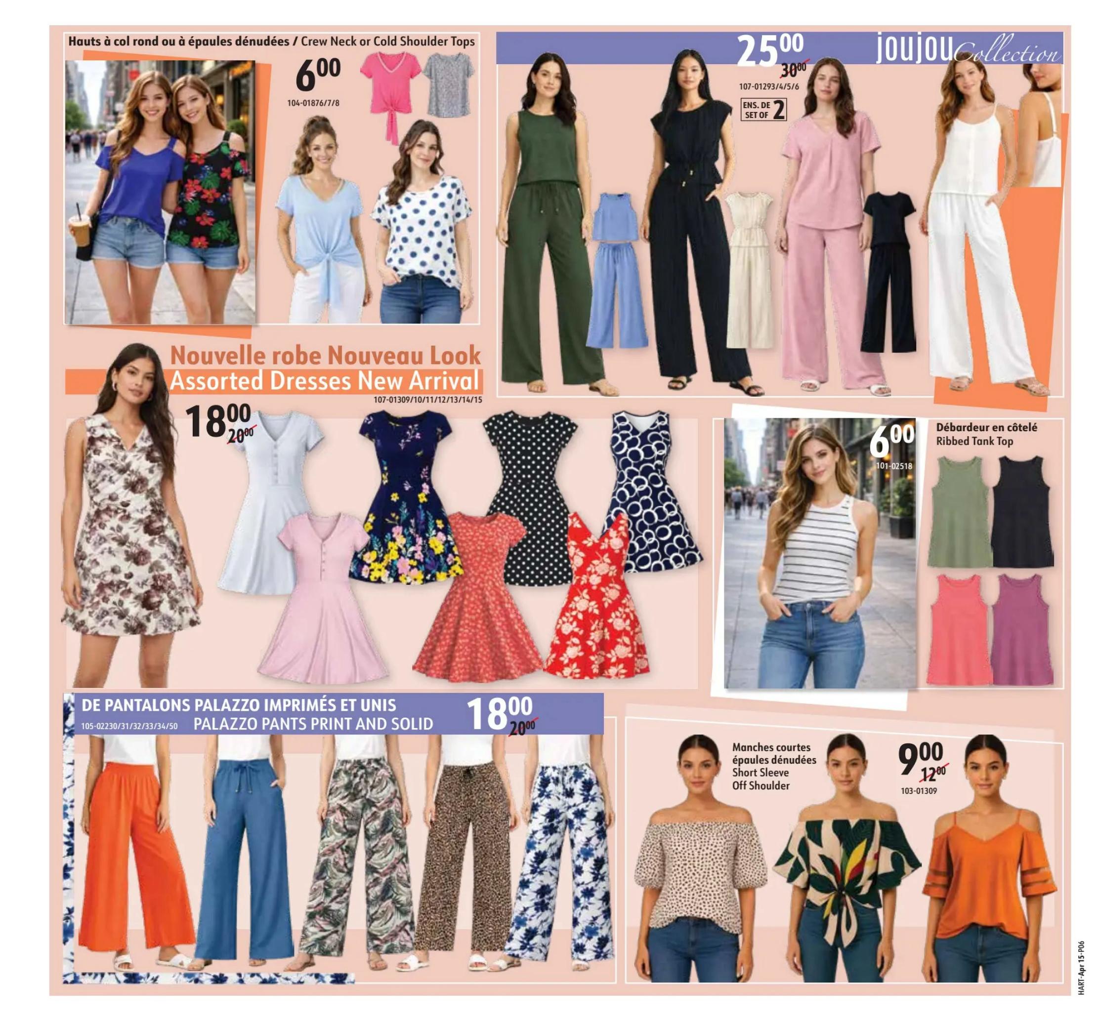 Hart flyer page 6 features a variety of women's apparel. Top section includes Crew Neck or Cold Shoulder Tops for $6.00. Below, Assorted Dresses New Arrival are available for $18.00, down from $20.00. The Joujou Collection showcases pajama sets for $25.00, marked down from $30.00, available in sets of 2. Also featured are Ribbed Tank Tops for $6.00. The bottom section displays Printed and Solid Palazzo Pants for $18.00, reduced from $20.00. Finally, Short Sleeve Off Shoulder tops are priced at $9.00, down from $12.00.