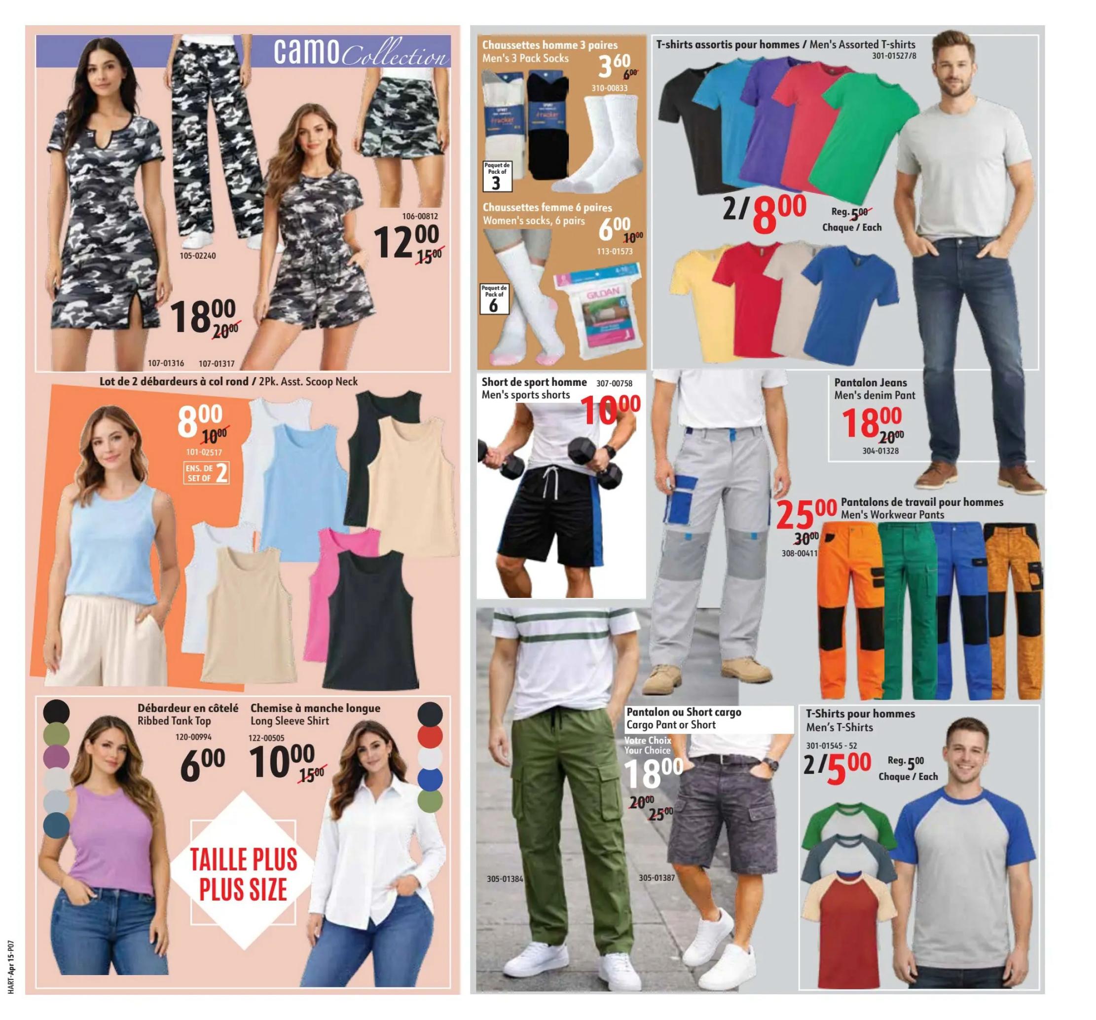 Hart flyer specials page 7 features a 'Camo Collection' with a dress and pants for $18.00, regularly $20.00. Also available are 2pk. scoop neck tank tops for $8.00, regularly $10.00. Men's assorted t-shirts are on sale for 2 for $8.00, regularly $5.00 each. Men's denim pants are $18.00, regularly $20.00. Men's workwear pants are $25.00, regularly $30.00. Men's sports shorts are $10.00. Cargo pants or shorts are $18.00, regularly $20.00 or $25.00. Ribbed tank tops are $6.00 and long sleeve shirts are $10.00, regularly $15.00. Plus size options are available for tank tops and shirts. Men's 3-pack socks are $3.60 and women's 6-pair socks are $6.00.