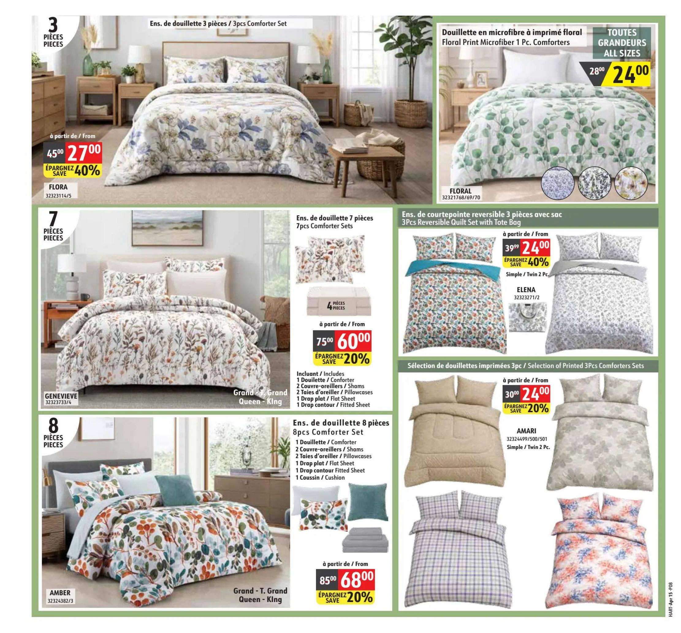 Hart flyer page 8 features bedding specials. Top left: Flora 3-piece comforter set, originally $45.00, now $27.00, saving 40%. Top right: Floral Print Microfiber 1-piece comforters in all sizes, on sale for $24.00, down from $28.00. Middle left: Genevieve Grand Queen-King 7-piece comforter set, now $60.00 from $75.00, a 20% saving. Includes 1 comforter, 2 pillowcases, 1 flat sheet, and 1 fitted sheet. Middle right: Elena 3-piece reversible quilt set with tote bag, originally $39.99, now $24.00, saving 40%. Available in Simple/Twin 2-piece. Bottom left: Amber Grand T. Grand Queen-King 8-piece comforter set, on sale for $68.00 from $85.00, a 20% saving. Includes 1 comforter, 2 pillowcases, 1 flat sheet, 1 fitted sheet, and 1 cushion. Bottom right: Selection of printed 3-piece comforter sets, including Amari, priced at $24.00 from $30.00, a 20% saving.