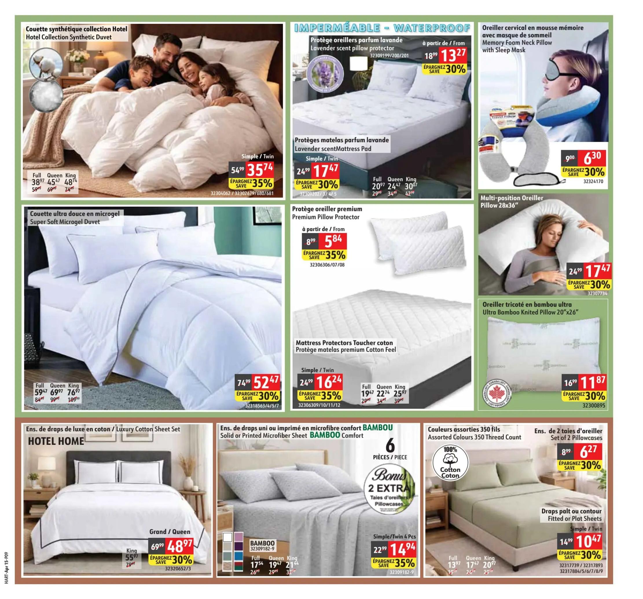 Hart flyer page 9 features bedding and sleep accessories. Top left: Hotel Collection Synthetic Duvet available in Full for $38.97 (save 35%), Queen for $45.47 (save 35%), and King for $48.74 (save 35%). Below that, a Super Soft Microgel Duvet is on sale: Full for $59.97 (was $84.99), Queen for $69.97 (was $99.99), and King for $76.97 (was $109.99). The Luxury Cotton Sheet Set is $48.97 for Grand/Queen (was $69.99) and $55.97 for King (was $79.99), with 30% savings. In the top middle, Waterproof Lavender Scent Pillow Protectors are $13.27 (save 30%) and Lavender Scent Mattress Pads are $17.47 (save 35%) for Simple/Twin size. Full, Queen, and King sizes are also available. To the right, a Memory Foam Neck Pillow with Sleep Mask is $6.30 (save 30%). Below, a Multi-position Oreiller Pillow 28x36' is $17.47 (save 30%). An Ultra Bamboo Knitted Pillow 20'x26' is $11.87 (save 30%). The bottom middle section showcases Solid or Printed Microfiber Sheet BAMBOO Comfort sets, including a bonus of 2 extra pillowcases, for $14.94 for Simple/Twin 4 Pcs (save 35%). Full, Queen, and King sizes are also featured. The bottom right shows Assorted Colours 350 Thread Count Fitted or Plat Sheets on sale for $10.47 for Simple/Twin (save 30%). Full, Queen, and King sizes are also available. A Set of 2 Pillowcases is $6.27 (save 30%).