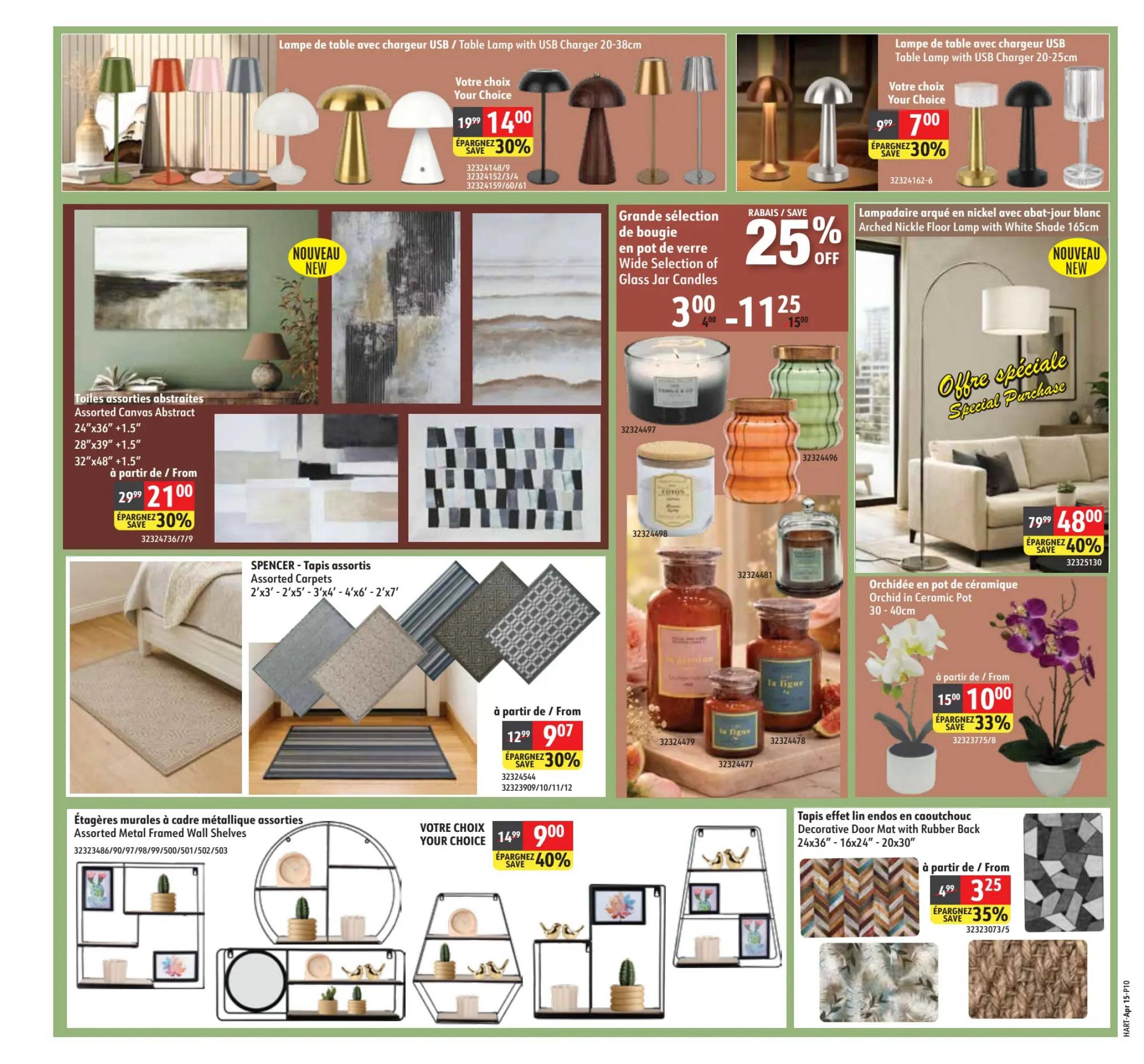 Hart flyer specials page 10 features a variety of home decor items. Top section showcases table lamps with USB chargers, available in various styles and colours, with a 'Your Choice' price of $14.00 (originally $19.99, save 30%) and another selection for $7.00 (originally $9.99, save 30%). A wide selection of glass jar candles is on special for $11.25 (originally $15.00, save 25%). An arched nickel floor lamp with a white shade is a new arrival. Assorted canvas abstract art pieces are priced from $21.00 (originally $29.99, save 30%). SPENCER assorted carpets are available from $9.07 (originally $12.99, save 30%). Assorted metal framed wall shelves are featured with a 'Your Choice' price of $9.00 (originally $14.99, save 40%). Decorative door mats with rubber backs are on sale from $3.25 (originally $4.99, save 35%). Orchids in ceramic pots are priced from $10.00 (originally $15.00, save 33%).