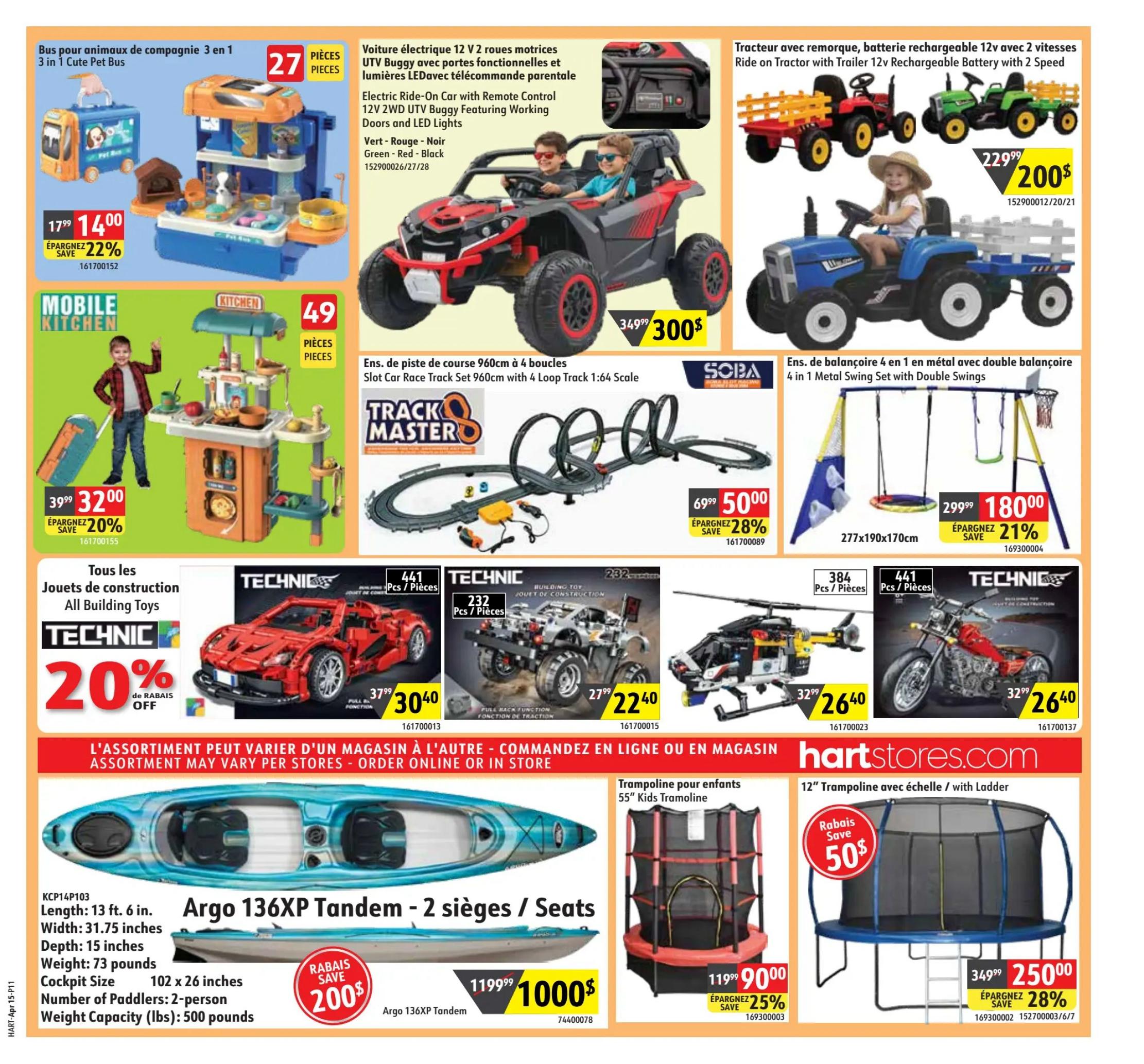 Hart flyer specials page 11 features a variety of toys and outdoor equipment. On the top left, a 3-in-1 Cute Pet Bus toy is on sale for $14.00, saving 22%. Next to it, an Electric Ride-On UTV Buggy with remote control, working doors, and LED lights is priced at $300.00, down from $349.99. To the right, a Ride-on Tractor with Trailer, 12V rechargeable battery and 2 speeds, is available for $200.00, reduced from $229.99. Below the Pet Bus is a Mobile Kitchen playset, on sale for $32.00, a 20% saving from $39.99. A Slot Car Race Track Set with 4 loops is priced at $50.00, with a 28% saving from $69.99. A 4-in-1 Metal Swing Set with double swings is on sale for $180.00, saving 21% from $299.99. The page also highlights Technic building toys: a red sports car for $30.40 (save 20% off regular price), a silver monster truck for $22.40, a black helicopter for $26.40, and a red motorcycle for $26.40. In the bottom section, an Argo 136XP Tandem 2-seater kayak is available for $1000.00, saving $200. A 55' Kids Trampoline is priced at $90.00, with a 25% saving. Finally, a 12' Trampoline with ladder is on sale for $250.00, saving 28% from $349.99.