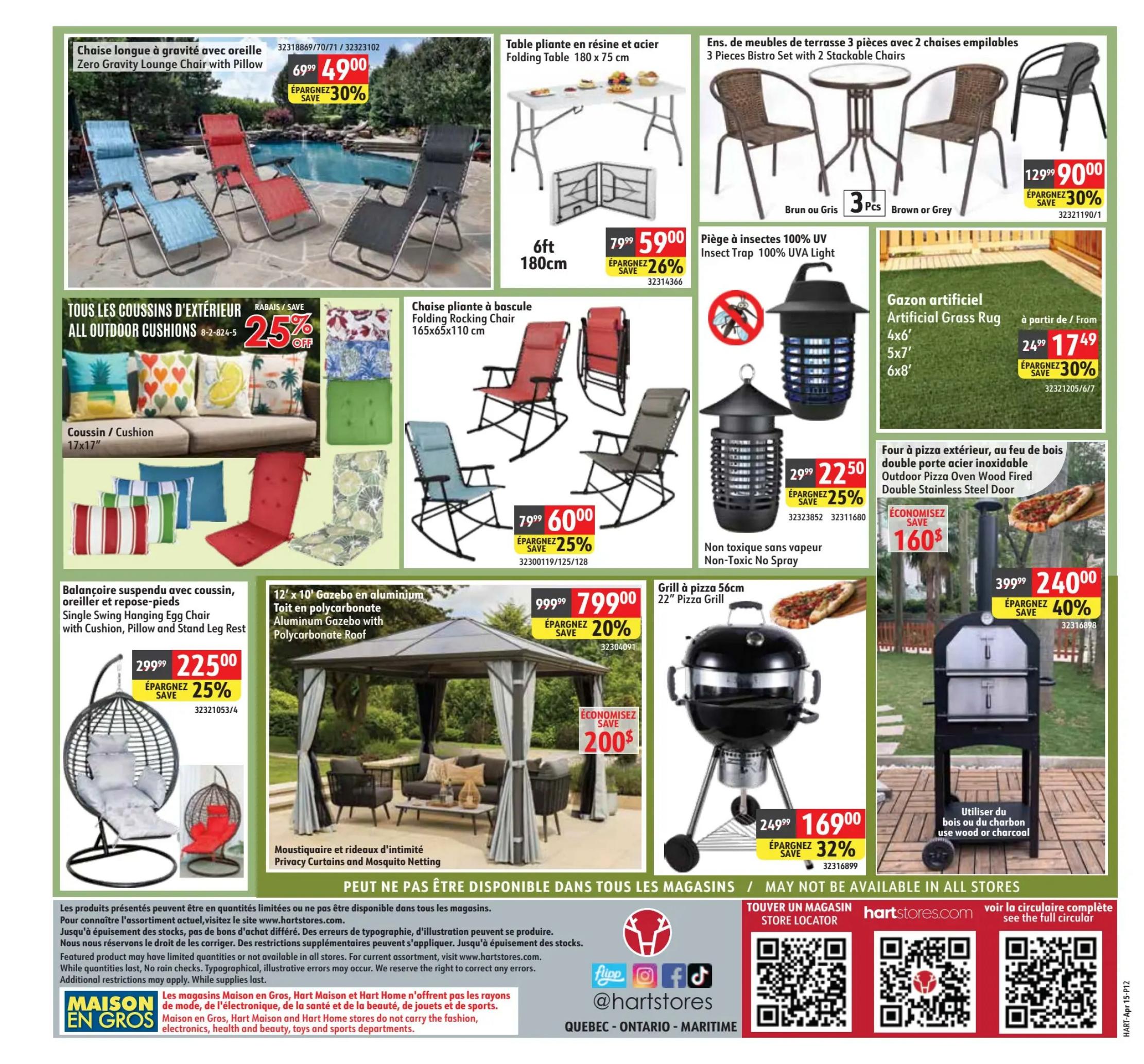 Hart flyer specials page 12 features outdoor living items. A Zero Gravity Lounge Chair with Pillow is on sale for $49.00, saving 30%. All outdoor cushions are 25% off. A Folding Table (180 x 75 cm) is $59.00, a 26% saving. A 3-piece Bistro Set with 2 Stackable Chairs is $90.00, saving 30%. An Insect Trap is $22.50, saving 25%. Artificial Grass Rugs (4x6', 5x7', 6x8') are $17.49, saving 30%. A Folding Rocking Chair is $60.00, saving 25%. A Single Swing Hanging Egg Chair with cushion and stand is $225.00, saving 25%. An Aluminum Gazebo with Polycarbonate Roof (12' x 10') is $799.00, saving 20%. A 22' Pizza Grill is $169.00, saving 32%. An Outdoor Pizza Oven with Double Stainless Steel Door is $240.00, saving 40%. Privacy Curtains and Mosquito Netting are also shown. The flyer notes that products may be limited and available while supplies last. Visit hartstores.com for more information.