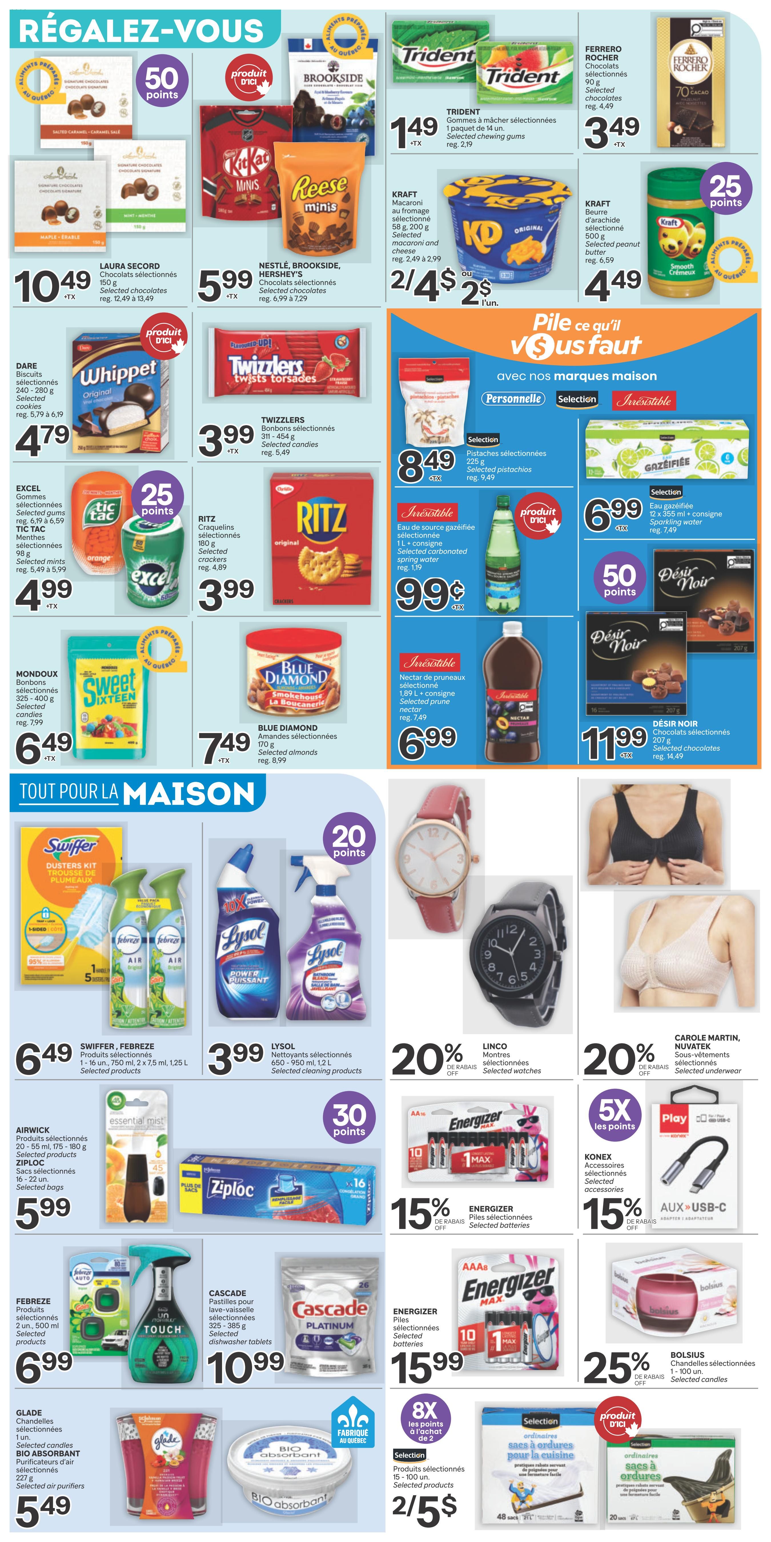 Brunet weekly flyer specials page 7 features a wide variety of products. Top section includes Laura Secord chocolates for $10.49, Nestlé, Brookside, and Hershey's chocolates for $5.99, and Twizzlers candies for $3.99. Trident chewing gum is $1.49. Kraft macaroni and cheese is 2 for $4.00, and Kraft peanut butter is $4.49. Dare Whippet cookies are $4.79. Ritz crackers are $3.99. Blue Diamond almonds are $7.49. Excel gums and Tic Tac mints are $4.99. Mondoux Sweet Sixteen candies are $6.49. Irresistible brand sparkling water is $1.19, and Irresistible prune nectar is $6.99. Desir Noir chocolates are $11.99. The 'Tout Pour La Maison' (Everything for the Home) section features Swiffer Dusters and Febreze air fresheners for $6.49, Lysol cleaning products for $3.99. Linco watches are on sale with 20% off. Carole Martin Nuvatek underwear is also 20% off. Energizer batteries are 15% off, and Konex USB-C accessories are 15% off with 5x the points. Airwick products are $5.99. Ziploc bags are $5.99. Febreze products are $6.99. Cascade dishwasher tablets are $10.99. Glade candles and Bio Absorbant air purifiers are $5.49. Energizer batteries are $15.99. Finally, there are selected kitchen storage bags on sale 2 for $5, and selected candles with 8x the points when you buy 2.