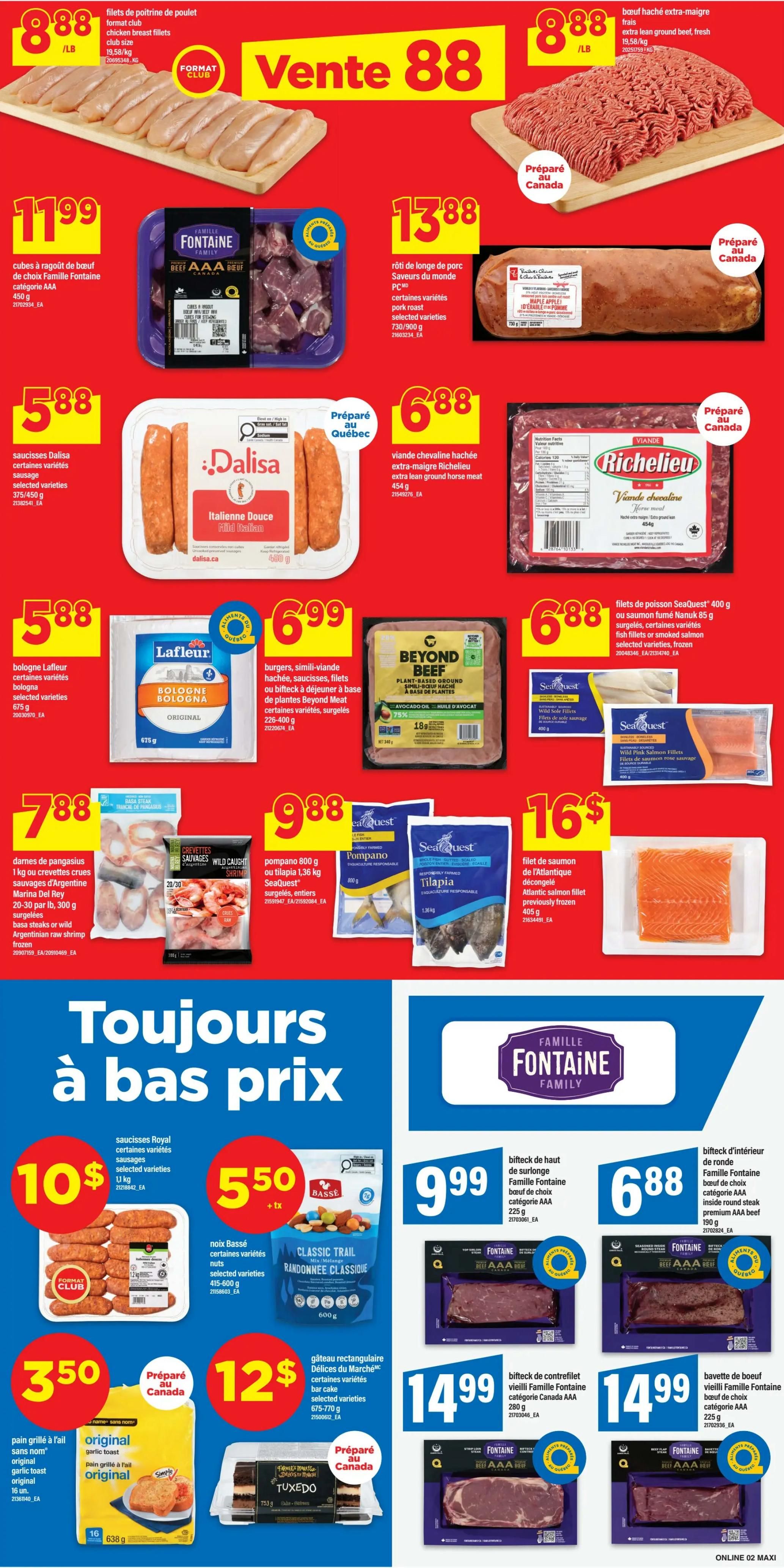 Maxi Weekly Flyer Specials page 5 features a variety of meat and seafood deals. Top row includes chicken breast fillets for $8.88/lb, fresh extra lean ground beef for $8.88/lb, PC 'Saveurs du monde' pork roast for $13.88, and Dalisa Italian Douce sausages for $5.88. Also featured are Fontaine Family beef cubes for $11.99 and Richelieu extra lean ground horse meat for $6.88. Middle row offers Lafleur bologna for $5.88, Beyond Meat plant-based ground for $6.99, and SeaQuest fish fillets including Nanuk salmon, wild sole, and pink salmon for $6.88. Bottom row highlights Pangasius or wild caught shrimp for $7.88, SeaQuest Pompano or Tilapia for $9.88, and Atlantic salmon fillets for $16. The 'Always at low prices' section includes Royal sausages for $10, Basse Classic Trail nuts for $5.50, grilled garlic toast bread for $3.50, and Delices du Marche rectangular cake for $12. The right side of the page showcases Fontaine Family beef cuts: high-end sirloin for $9.99, inside round steak for $6.88, aged sirloin for $14.99, and aged rib steak for $14.99.