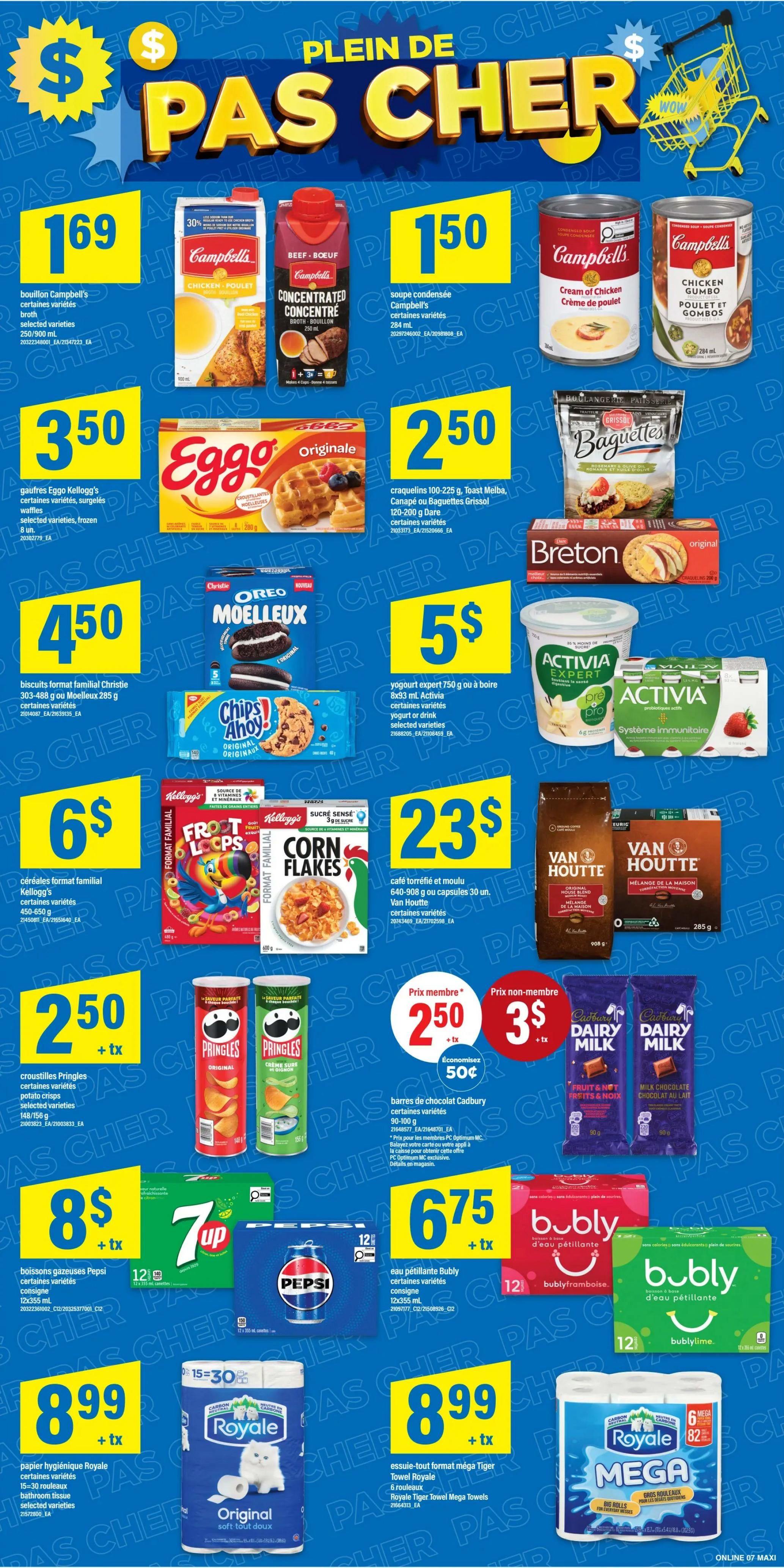 Maxi Weekly Flyer Specials, Page 11. Featuring a large 'Plein de Pas Cher' (Full of Bargains) graphic. Deals include Campbell's broth for $1.69, Campbell's condensed soup for $1.50, Eggo waffles for $3.50, Grissol baguettes or Melba toast for $2.50, Christie cookies (Chips Ahoy!, Oreo) for $4.50, and Breton crackers for $2.50. Also available are Activia yogurt for $5, Kellogg's cereals (Froot Loops, Corn Flakes) for $6, and Van Houtte coffee for $23. Pringles potato chips are $2.50 with a member price of $2.50 and a 50 cent saving. Cadbury Dairy Milk chocolate bars are $3.50. Beverages on sale include 7UP for $8, Pepsi 12-pack for $6.75, and Bubly sparkling water for $6.75. Finally, Royale bathroom tissue is $8.99 for 15-30 rolls, and Royale Tiger Towel Mega Towels are $8.99 for 6 mega rolls.