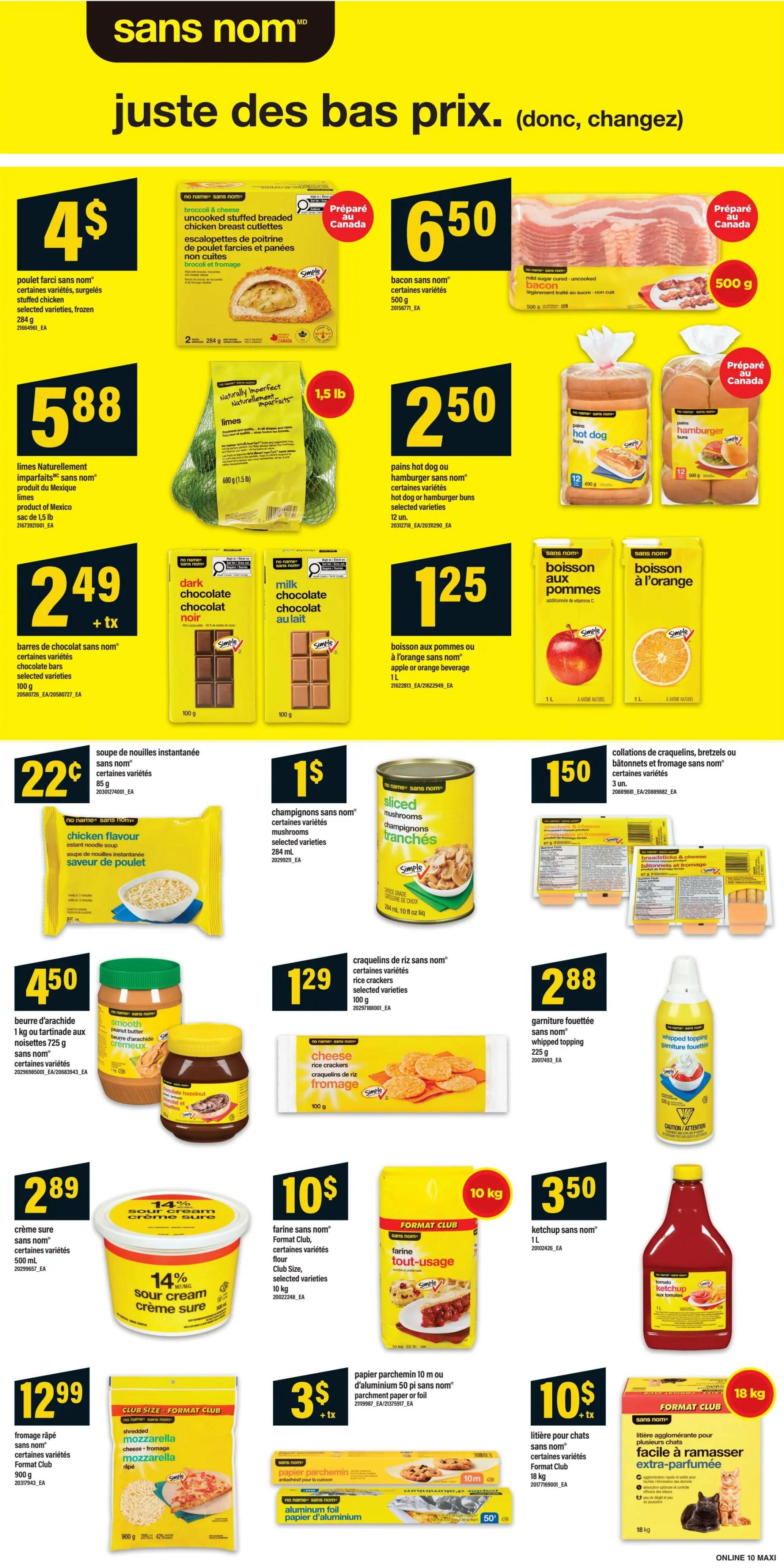 Maxi weekly flyer specials page 14 features a variety of discounted food items. Highlights include Sans Nom unbreaded stuffed chicken breast cutlets for $4, Sans Nom bacon for $6.50, and Naturally Imperfect limes for $5.88. Also available are hot dog or hamburger buns for $2.50, Sans Nom dark chocolate and milk chocolate bars for $1.25 each, and instant chicken flavour soup for $2.29. Other deals include Sans Nom mushrooms for $1, rice crackers for $1.29, peanut butter for $4.50, sour cream for $2.88, and shredded mozzarella cheese for $12.99. Additionally, find apple or orange beverage for $1.25, pretzels or cheese crackers for $1.50, whipped topping for $2.88, 10 kg of all-purpose flour for $10, 10m parchment paper or foil for $3, 1L ketchup for $3.50, and 18 kg of easy-to-scoop cat litter for $10.