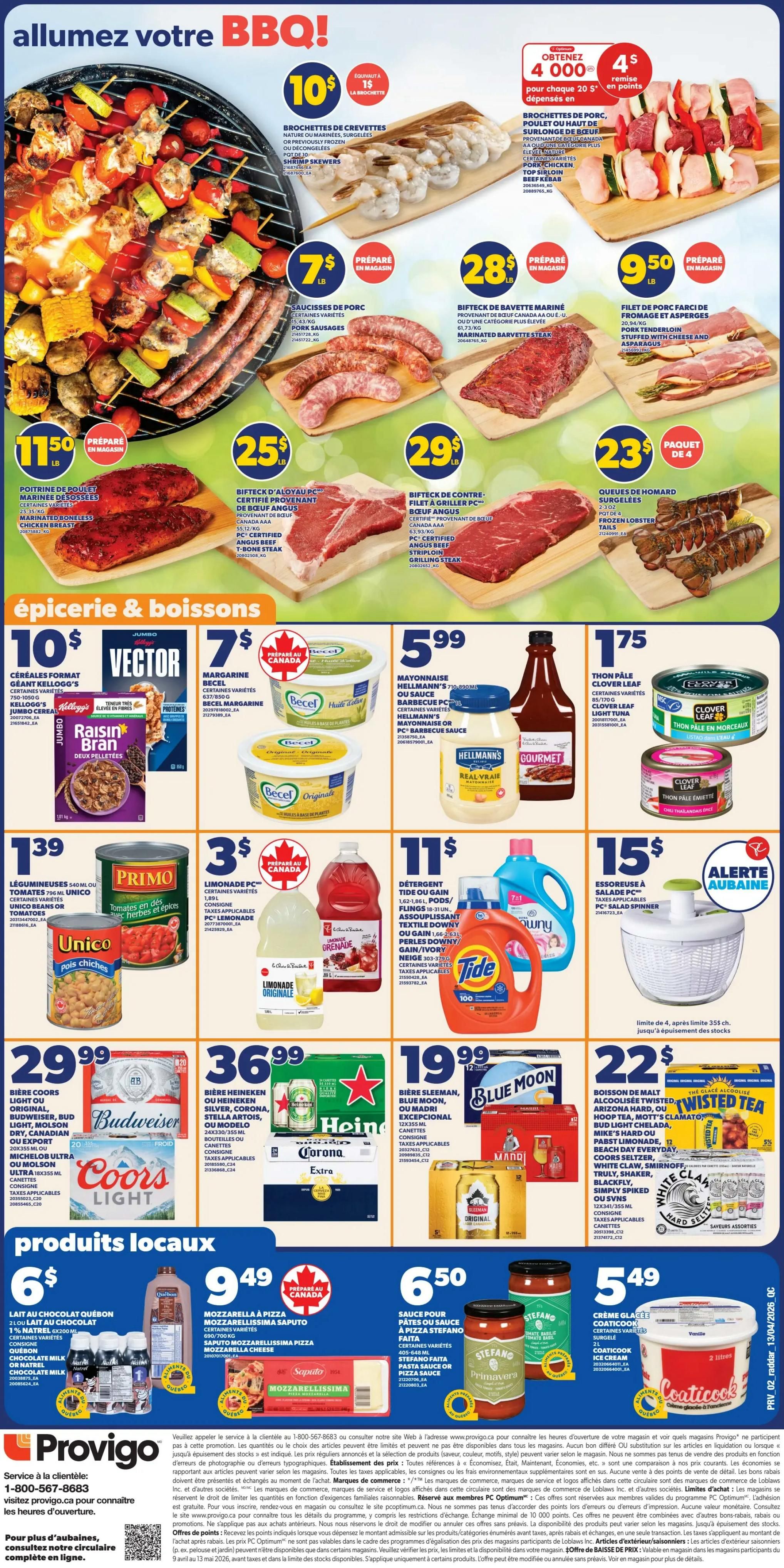 Provigo weekly flyer specials page 2 features BBQ items and groceries. Top section showcases BBQ essentials including shrimp skewers for $10, pork sausages for $7/lb, marinated boneless chicken breast for $11.50/lb, marinated barvettes for $28/lb, beef tenderloin for $25/lb, and grilled pork and asparagus skewers for $9.50. Also featured are beef steaks, including AAA certified Angus beef tenderloin for $25/lb and AAA certified Angus beef grilling steak for $29/lb. Frozen lobster tails are available in a 4-pack for $23. The grocery section highlights Kellogg's Vector cereal for $10, Raisin Bran cereal for $10, Becel margarine for $7, and Hellmann's mayonnaise or BBQ sauce for $5.99. Clover Leaf light tuna is $1.75 and tuna in oil is $1.75. Primo diced tomatoes are $1.39. PC lemonade is $3. Tide laundry detergent is $11. A salad spinner is $15. Beer specials include Coors Light, Budweiser, and Molson Canadian for $29.99, Heineken, Silver, Corona, Stella Artois, or Modelo for $36.99, and Blue Moon, Sleeman, or Coors Seltzer for $19.99. Twisted Tea is $22. Local products include milk for $6, Saputo mozzarella for $9.49, and Stefano pasta sauce for $6.50. Coaticook ice cream is $5.49.
