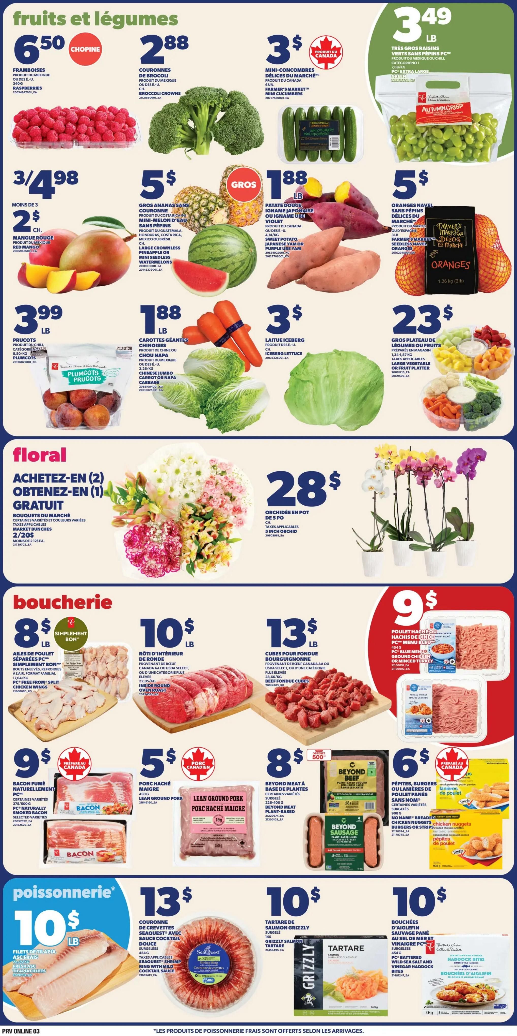 Provigo weekly flyer specials page 3 features fruits and vegetables including raspberries for $6.50/lb, broccoli crowns for $2.88, mini cucumbers for $3, green grapes for $3.49/lb, red mangoes 3 for $4.98, large crownless pineapple or mini seedless watermelons for $5, sweet potato or purple ube yam for $1.88/lb, and navel oranges for $5/bag. Also available are plums/pricots for $3.99/lb, Chinese cabbage or Napa cabbage for $1.88/lb, and iceberg lettuce for $3. The floral section offers buy 2 get 1 free market bunches of flowers, and potted orchids for $28. The butcher section includes split chicken wings for $8/lb, inside round beef roast for $10/lb, beef fondue cubes for $13/lb, PC naturally smoked bacon for $9/pack, lean ground pork for $5/450g, Beyond Meat plant-based ground beef for $8/pack, and Simplicity chicken nuggets or strips for $6/pack. The seafood section features tilapia fillets for $10/lb, SeaQuest shrimp with cocktail sauce for $13, Grizzly salmon tartare for $10, and haddock bites for $10.