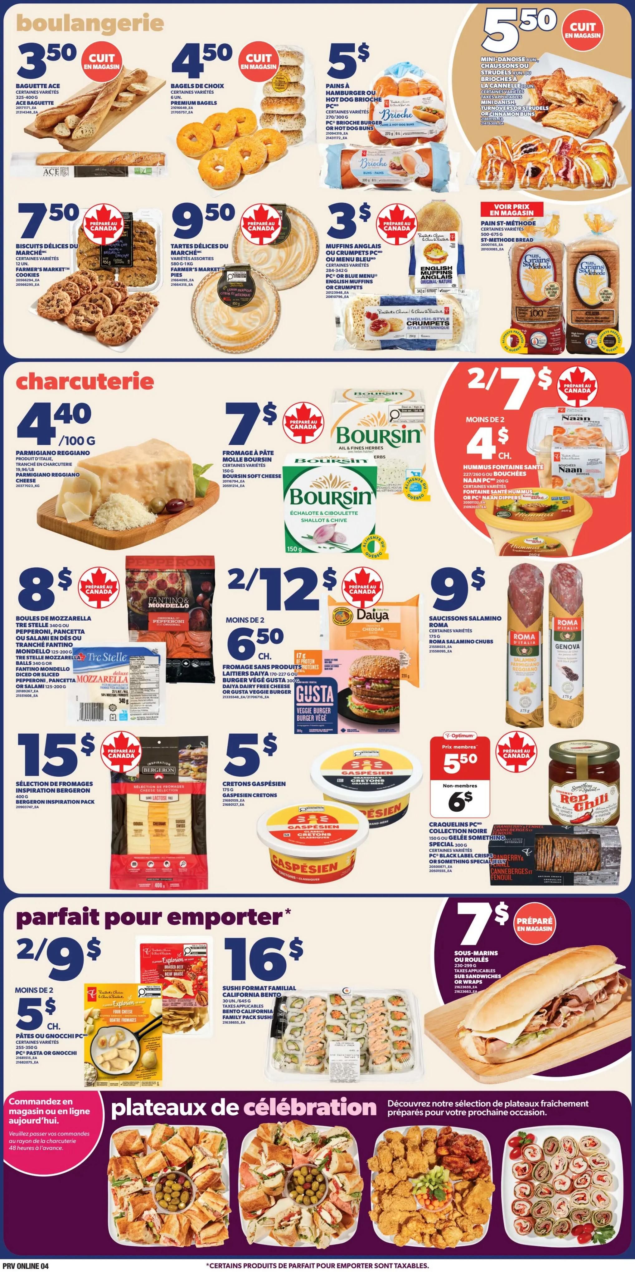 Provigo weekly flyer specials page 4. Bakery section features ACE baguette for $3.50, premium bagels for $4.50, and brioche hamburger or hot dog buns for $5. Also available are Farmer's Market cookies for $7.50, Farmer's Market pies for $9.50, and PC or Blue Menu English muffins or crumpets for $3. Mini Danish, croissants, strudels, or brioche pastries are $5.50. Deli section includes Parmigiano Reggiano cheese at $4.40/100g, Boursin soft cheese for $7, and Daiya dairy-free cheese or Gusta veggie burger for 2 for $12.50, with individual items at $6.50. Also featured are Tre Stelle mozzarella balls, Fantino & Mondello pepperoni, pancetta, or diced or sliced salami for $8. Roma salamino chubs are $9. Bergeron inspiration pack cheese selection is $15. Gaspésien cretons are $5. Black Label crisp cranberry or something special jelly are $6. Red Chili jam is $5.50. Take-out section offers pasta or gnocchi for 2 for $9, with individual items at $5. Family-size sushi platters are $16. Submarine sandwiches or wraps are $7. The page also showcases celebration platters with various sandwiches, fried chicken, and pinwheel wraps.