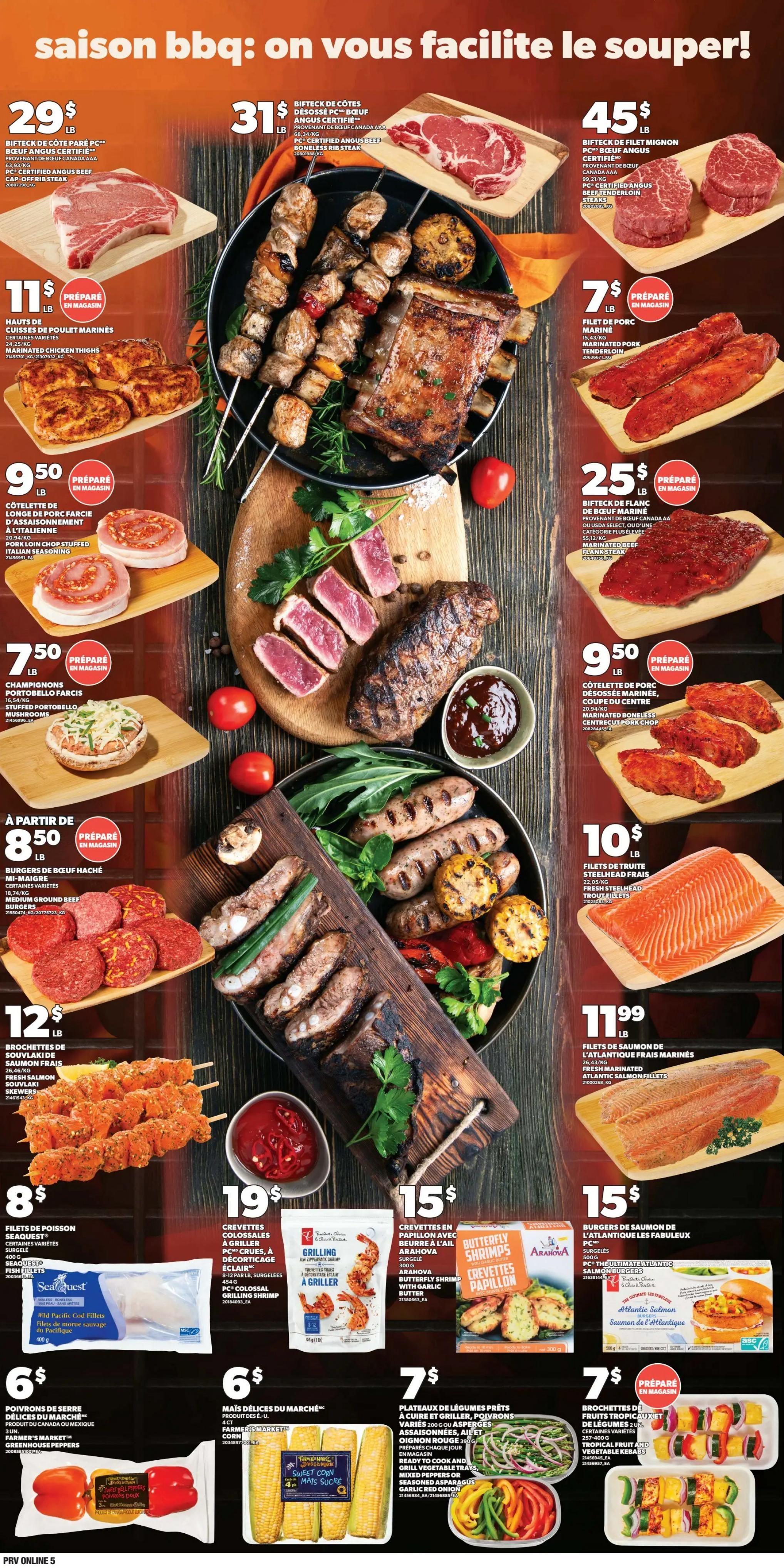Provigo weekly flyer specials page 5, featuring a 'BBQ Season: We Make It Easy!' theme. Highlights include PC Certified Angus Beef Boneless Rib Steak for $29 lb, another PC Certified Angus Beef Boneless Rib Steak for $31 lb, and PC Certified Angus Beef Tenderloin Steaks for $45 lb. Also featured are Marinated Chicken Thighs for $11 lb, Marinated Pork Tenderloin for $7 lb, and PC Certified Angus Beef Shanks Steaks for $25 lb. Other meat options include Marinated Boneless Centre Cut Pork Chops for $9.50 lb, and Medium Ground Beef Burgers starting at $8.50 lb. Seafood includes Wild Pacific Cod Fillets for $8 lb, Fresh Steelhead Trout Fillets for $10 lb, and Fresh Marinated Atlantic Salmon Fillets for $11.99 lb. Prepared foods include Stuffed Portobello Mushrooms for $7.50, Colossal Grilling Shrimp for $19, and Arahova Butterfly Shrimp with Garlic Butter for $15. Side options include Farmers' Market Sweet Corn for $6, Farmers' Market Greenhouse Peppers for $6, and Ready-to-Grill Vegetable Trays with Mixed Peppers or Seasoned Asparagus and Garlic Onion for $7. Tropical Fruit and Vegetable Kebabs are also available for $7.