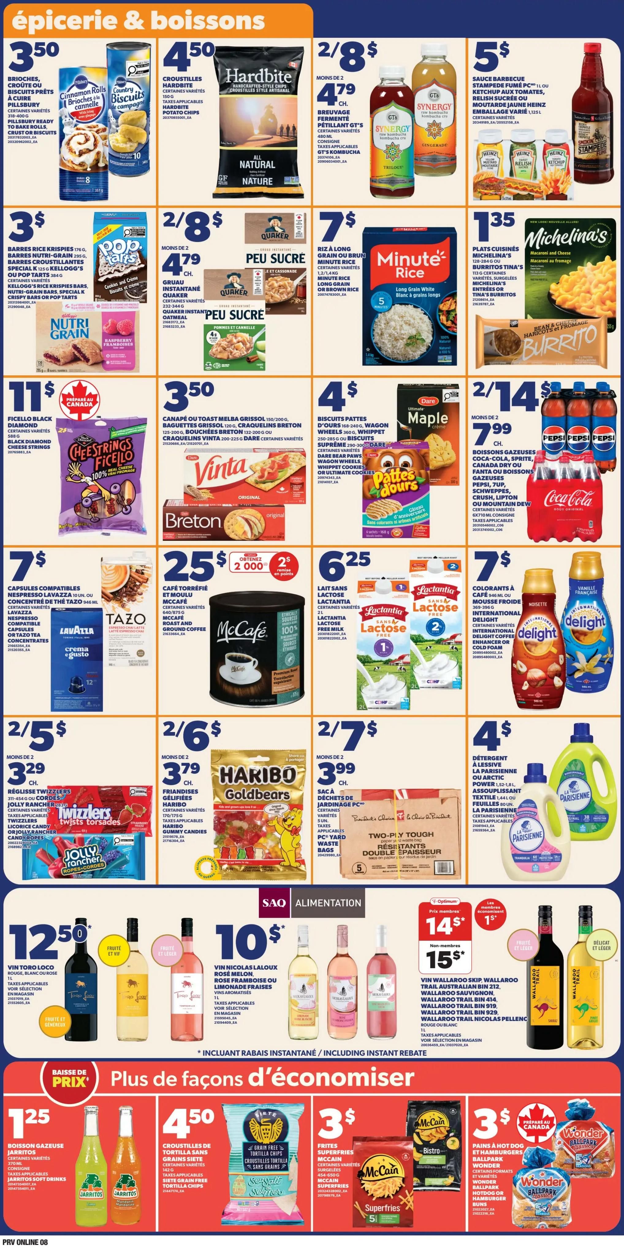 Provigo weekly flyer specials page 9 features a wide selection of groceries and beverages. Top deals include Pillsbury Cinnamon Rolls and Country Style biscuits for $3.50, and Hardbite handcrafted chips for $4.50. GT's Synergy Kombucha is 2 for $8, with individual bottles at $4.79. Minute Rice, including long grain white and brown rice, is available for $7. Michelina's Macaroni and Cheese and Bean & Cheese Haricots et Fromage Burritos are $1.35 each. Nutri Grain bars are $3.50. Vinta crackers and Breton crackers are $3.50. Dare Cheestrings Flocello, Wagon Wheels, and Maple cookies are $4. Pepsi, Canada Dry, Fanta, Crush, Lipton, and Mountain Dew soft drinks are 2 for $14, or $7.99 each. Lavazza Tazo coffee capsules and ground coffee are $7. McCafe premium roast coffee is $2.50. Lactantia lactose-free milk is $6.25. International Delight coffee creamers are $7. Twizzlers and Jolly Rancher candies are 2 for $5, or $3.29 each. Haribo Goldbears are 2 for $6, or $3.79 each. PC Yard two-ply tough paper towels are 2 for $7, or $3.99 each. Wine specials include Vin Toro Loco red and white wines for $12.50 per bottle. Vin Nicolas Laloux rosé, strawberry, or raspberry wines are $10 per bottle. Wallaroo Skip, Wallaroo Trail, and Wallaroo Sauvignon wines are $15 for non-members and $14 for Optimum members. Bottom deals feature Jarritos soft drinks for $1.25, Dare grain-free tortilla chips for $4.50, McCain Superfries for $3, and Wonder Ballpark hot dogs or hamburger buns for $3.