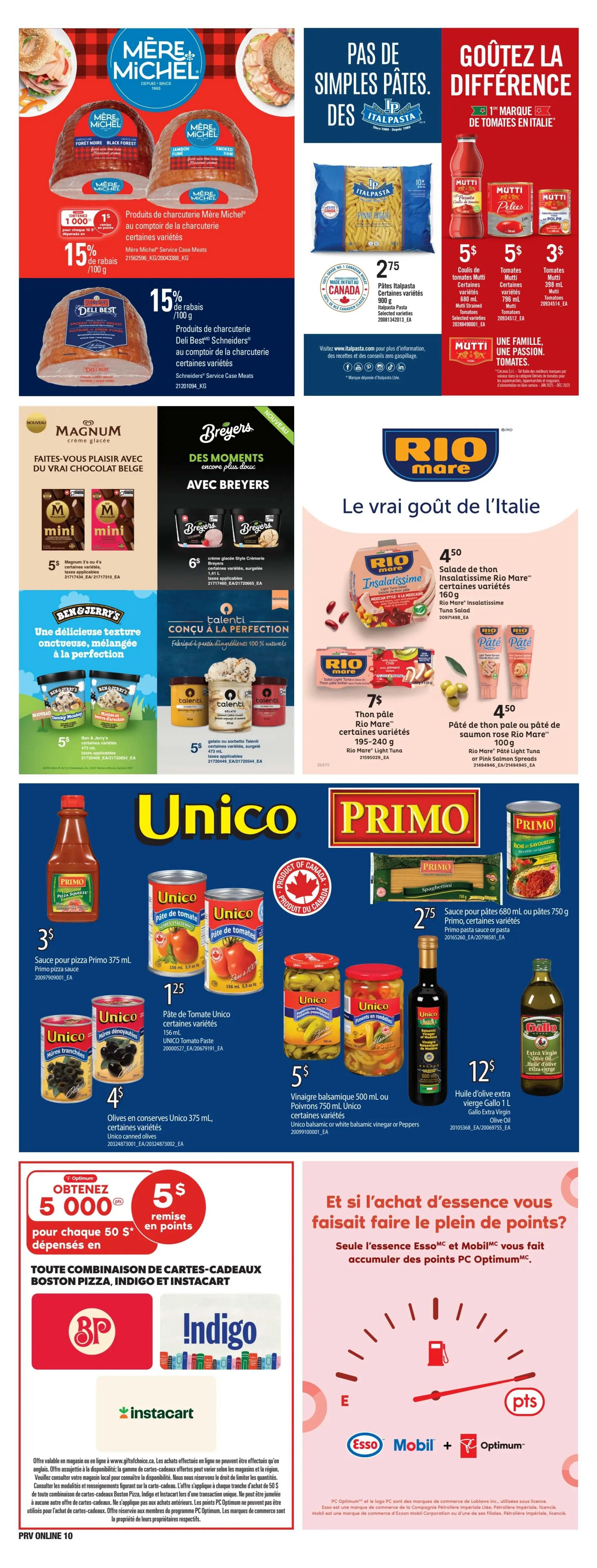 Provigo weekly flyer specials page 12. Features Mère Michel Service Case Meats at 15% off per 100g, and Deli Best Schneiders Service Case Meats at 15% off per 100g. It also showcases Italpasta Pasta for $2.75, and Mutti Italian tomatoes including Mutti Tomato Puree for $5, Mutti Tomatoes for $5, and Mutti Tomato Paste for $3. Frozen treats include Magnum Mini ice cream bars for $5, Breyers Style Crème Glacée for $6, Ben & Jerry's ice cream for $5, and Talenti gelato or sorbetto for $5. Rio Mare offers Tuna Salad for $4.50, Rio Mare Light Tuna for $7, and Rio Mare Pink Salmon Spreads for $4.50. Unico products include Primo Pizza Sauce for $3, Unico Tomato Paste for $1.25, Unico canned olives for $4, and Unico balsamic vinegar or peppers for $5. Also featured is Gallo Extra Virgin Olive Oil for $12. The flyer highlights a PC Optimum points offer: get 5,000 points for every $50 spent on Boston Pizza, Indigo, and Instacart gift cards. Finally, it promotes earning PC Optimum points with Esso and Mobil fuel purchases.