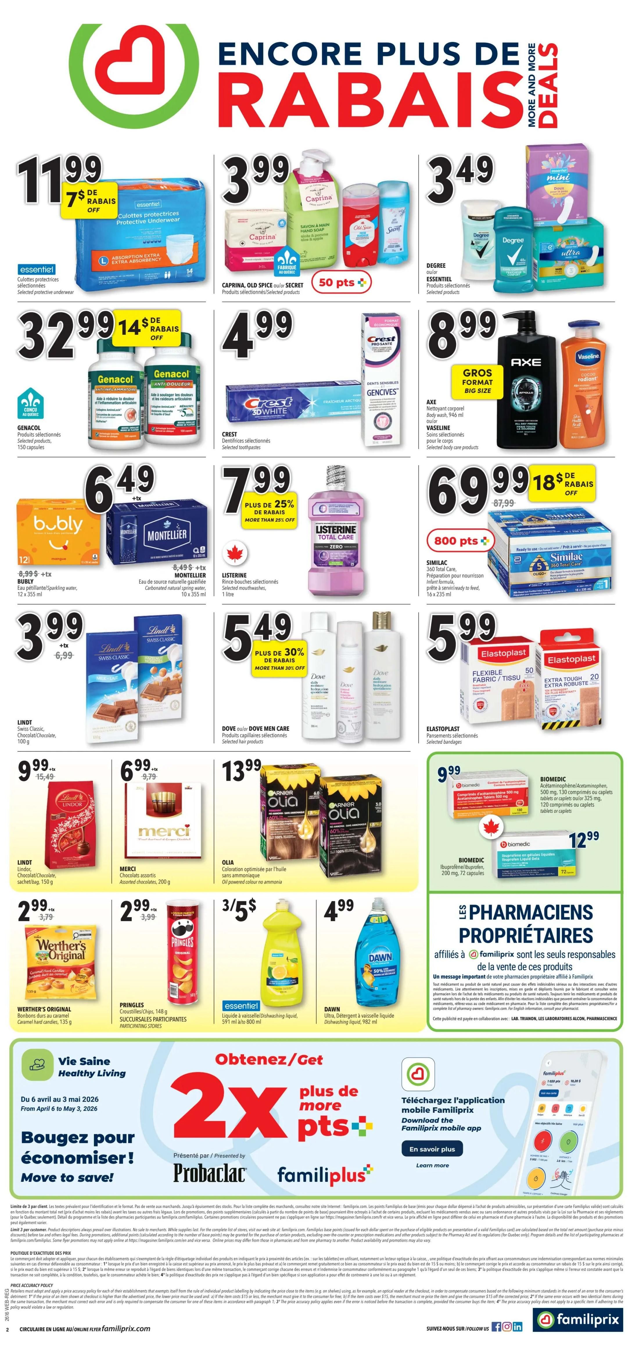 Familiprix weekly flyer specials page 2. Features Essentiel protective underwear for $11.99 with $7.00 off. Caprina, Old Spice, and Secret personal care products are $3.99. Degree deodorant is $3.49. Genacol pain relief is $32.99 with $14.00 off. Crest 3D White toothpaste is $4.99. Axe body wash and Vaseline body lotion are $8.99. Bubly sparkling water is $6.49. Montellier carbonated natural spring water is $8.49. Listerine Total Care Zero mouthwash is $7.99 with 25% off. Similac 360 Total Care infant formula is $69.99 with $18.00 off and 800 points. Lindt Swiss Classic chocolate bars are $3.99. Dove Men Care hair products are $5.49 with 30% off. Elastoplast flexible fabric and extra tough bandages are $5.99. Lindt Lindor chocolate bags are $9.99. Merci assorted chocolates are $6.99. Olia hair colour is $13.99. Biocidic acetaminophen and ibuprofen are $9.99 and $12.99 respectively. Werther's Original caramel hard candies are $2.99. Pringles chips are $2.99. Essentiel dish soap is 3 for $5. Dawn Ultra dishwashing liquid is $4.99. The page also promotes 'Obtenez/Get 2X plus de more pts' loyalty program and downloading the Familiprix mobile app.