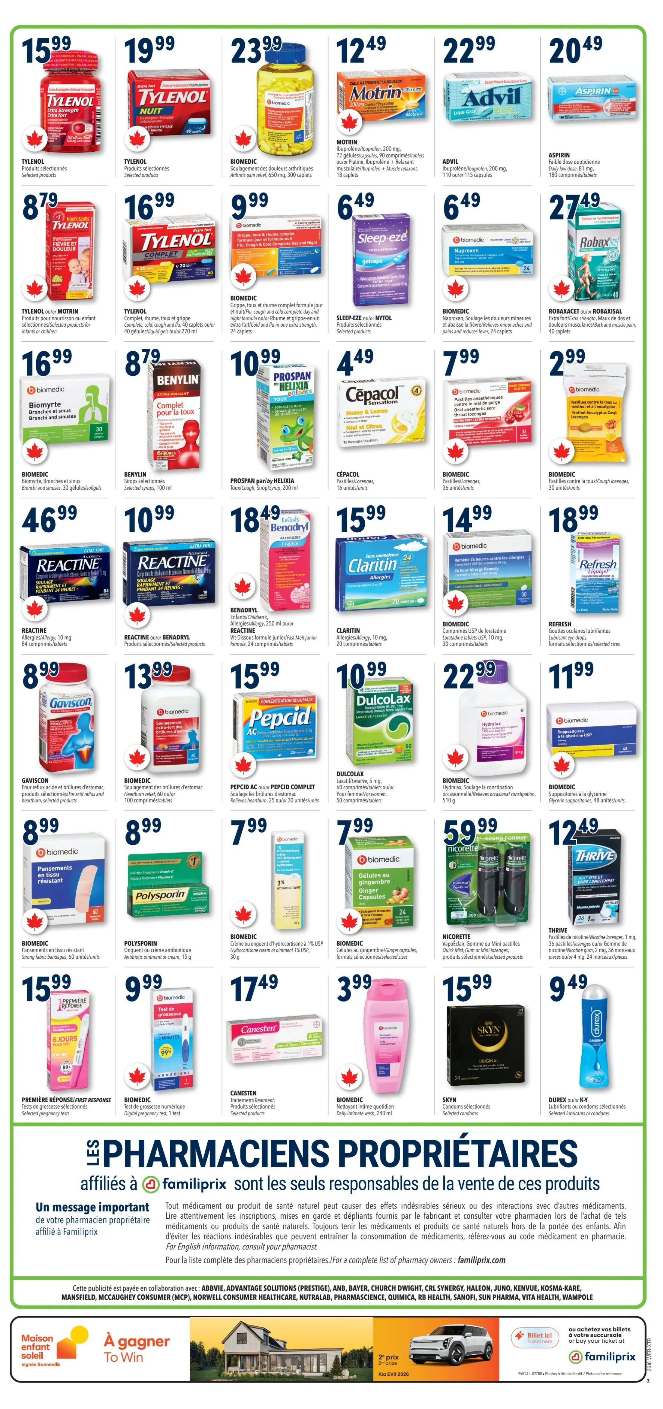 Familiprix weekly flyer specials page 4. Featured products include Tylenol Extra Strength for $15.99, Tylenol Nuit for $19.99, Biomed Arthritis Pain Relief for $23.99, Motrin Ibuprofen/Acetaminophen for $12.49, Advil Ibuprofen for $22.99, and Aspirin for $20.49. Also available are Tylenol for fever and pain relief for $8.79, Tylenol Complete for $16.99, Biomed Cough and Cold formula for $9.99, Sleep-eze Nytol for $6.49, Naproxen for pain relief for $6.49, and Robaxacet for back and muscle pain for $27.49. Other items include Biomed Allergy for $16.99, Benylin Cough Syrup for $8.79, Prospan Helixia Cough Syrup for $10.99, Cepacol Sore Throat Lozenges for $4.49, Benadryl Allergy for $18.49, Claritin Allergies for $15.99, and Refresh Lubricant Eye Drops for $18.99. Additionally, Gaviscon for heartburn relief is $8.99, Biomed Heartburn Relief for $13.99, Pepcid Complete for heartburn for $15.99, Dulcolax for laxative relief for $10.99, Biomed Bandages for $8.99, Polysporin Antibiotic Ointment for $8.99, Biomed Hydrocortisone Cream for $7.99, Biomed Ginger Capsules for $7.99, First Response Pregnancy Tests for $15.99, Biomed Digital Pregnancy Test for $9.99, Canesten Treatment for $17.49, Biomed Daily Intimate Wash for $3.99, Skyn Condoms for $15.99, and Durex Lubricants for $9.49. The bottom section highlights that Familiprix affiliated pharmacists are solely responsible for the sale of these products.
