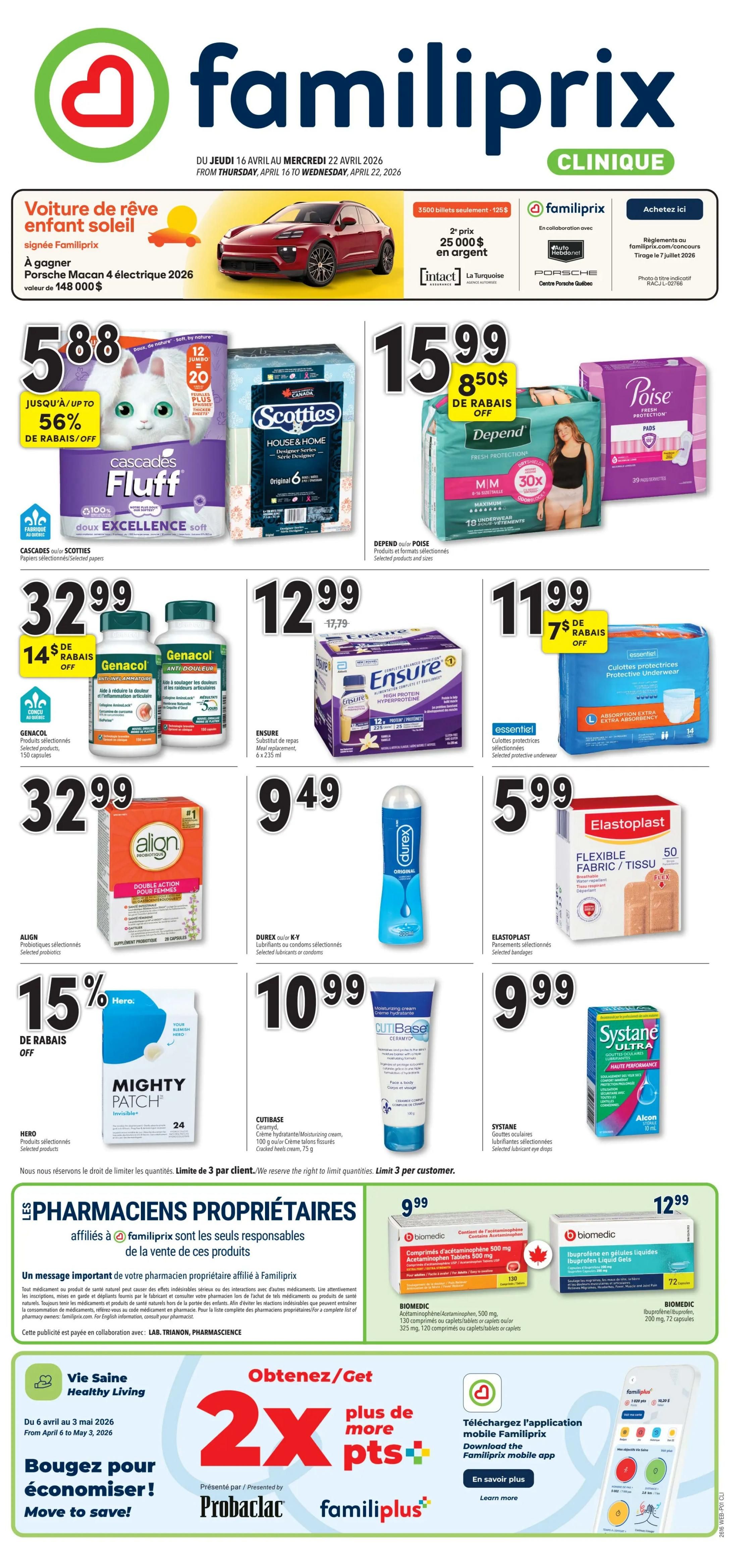 Familiprix flyer for April 16 to April 22, 2026. Features a 'Dream Car for Sunny Kids' contest to win a Porsche Macan electric, valued at $148,000. On sale: Cascades Fluff toilet paper for $5.88, up to 56% off. Scotties House & Home facial tissues for $5.88. Depend or Poise pads for $15.99 with $8.50 off. Genacol pain relief capsules for $32.99 with $14 off. Ensure nutritional supplement drinks, 6 x 235 ml, for $12.99. Essentiel protective underwear for $11.99. Align probiotic supplements for $32.99. Durex K-Y lubricants or condoms for $9.49. Elastoplast flexible fabric bandages, 50 count, for $5.99. Hero Mighty Patch invisible acne patches, 24 count, with 15% off. Cutibase moisturizing cream, 100 g, or cracked heels cream, 75 g, for $10.99. Systane Ultra lubricating eye drops for $9.99. BiomeMedic Acetaminophen tablets, 500 mg, 120 count, for $9.99. BiomeMedic Ibuprofen liquid gels, 200 mg, 72 count, for $12.99. Also features a 'Get 2x more pts' promotion with the Familiprix mobile app. 'Move to save!' with 'Healthy Living' from April 6 to May 3, 2026.
