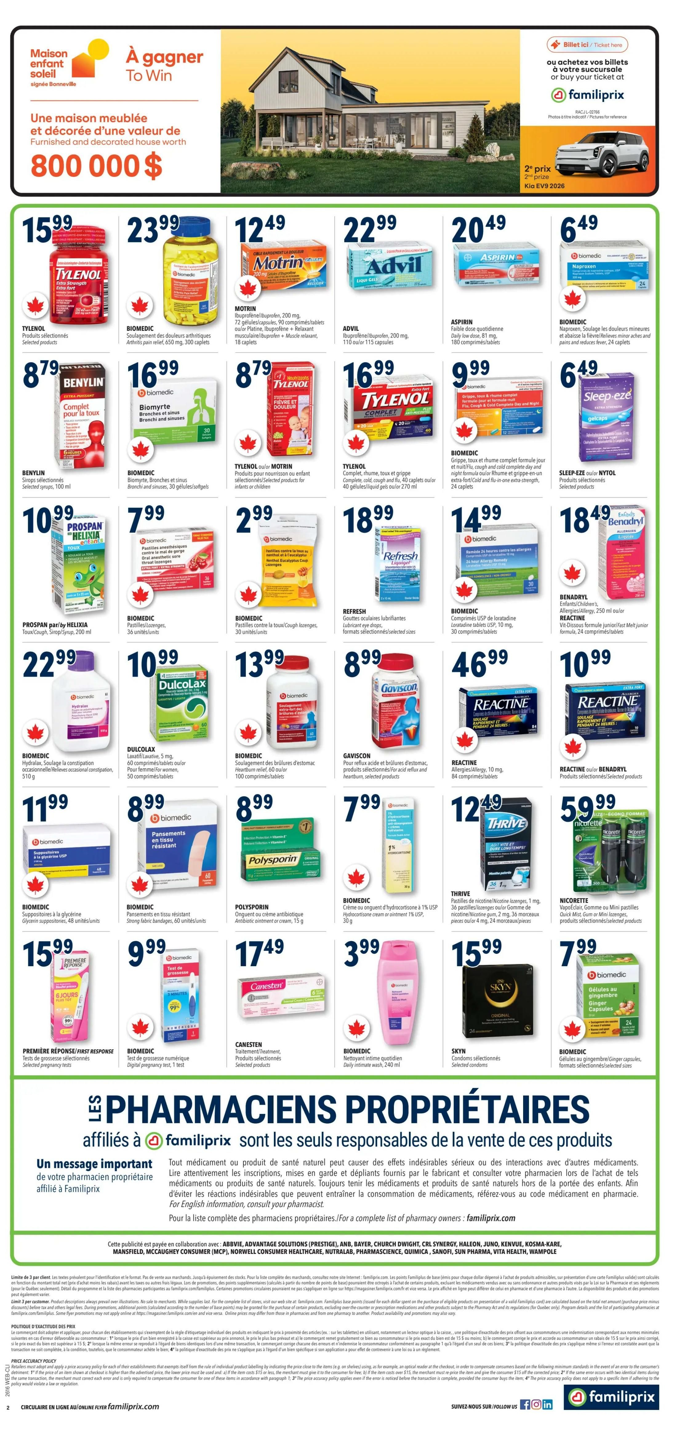 Familiprix flyer page 3 featuring a contest to win a furnished and decorated house worth $800,000. Product highlights include Tylenol Extra Strength caplets for $15.99, Biomedic Arthritis Pain Relief caplets for $23.99, Motrin Ibuprofen caplets for $12.49, Advil Ibuprofen caplets for $22.99, and Aspirin tablets for $20.49. Also featured are Benylin cough syrup for $8.79, Biomedic Bronchi & Sinus caplets for $16.99, Tylenol products for children for $8.79, and Tylenol Complete caplets for $16.99. Additional items include Prospan by Helixia cough syrup for $10.99, Biomedic lozenges for $7.99, Biomedic cough lozenges for $2.99, Refresh lubricating eye drops for $18.99, Dulcolax laxative tablets for $10.99, Biomedic upset stomach relief for $13.99, Gaviscon for acid reflux and heartburn for $8.99, Reactine allergy tablets for $46.99, and Reactine or Benadryl products for $10.99. Other offers include Biomedic glycerin suppositories for $11.99, Biomedic fabric bandages for $8.99, Polysporin antibiotic ointment for $7.99, Thrive pain relief tablets for $12.49, Nicorette gum or mini lozenges for $59.99, First Response pregnancy tests for $15.99, Biomedic digital pregnancy tests for $9.99, Canesten treatment for $17.49, and Biomedic daily intimate wash for $3.99. The page also highlights SKYN condoms for $15.99 and Biomedic ginger capsules for $7.99. A message from 'Les Pharmaciens Propriétaires affiliés à Familiprix' emphasizes their responsibility for the quality of products sold.