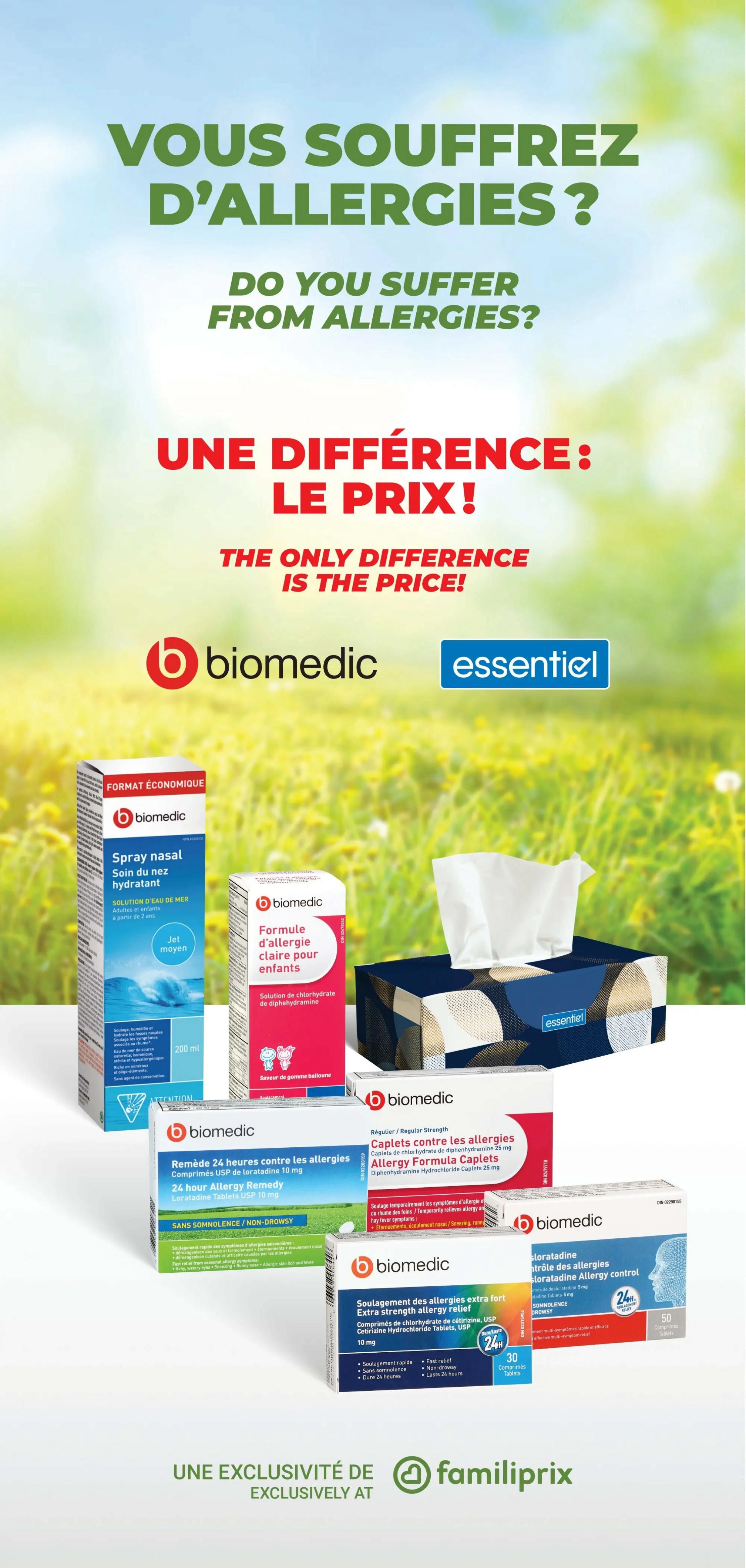 Familiprix flyer, page 4, featuring Biomedic and Essentiel brand allergy relief products. Offers include Biomedic Spray Nasal Soin du nez hydratant (200 ml), Biomedic Formule d'allergie claire pour enfants (children's allergy formula), Biomedic 24 hour Allergy Remedy Loratadine Tablets USP 10 mg (non-drowsy), Biomedic Allergy Formula Caplets Diphenhydramine Hydrochloride Caplets 25 mg, and Biomedic Extra Strength Allergy Relief Cetirizine Hydrochloride Tablets USP 10 mg. Also shown is a box of Essentiel facial tissues. All products are exclusively available at Familiprix.
