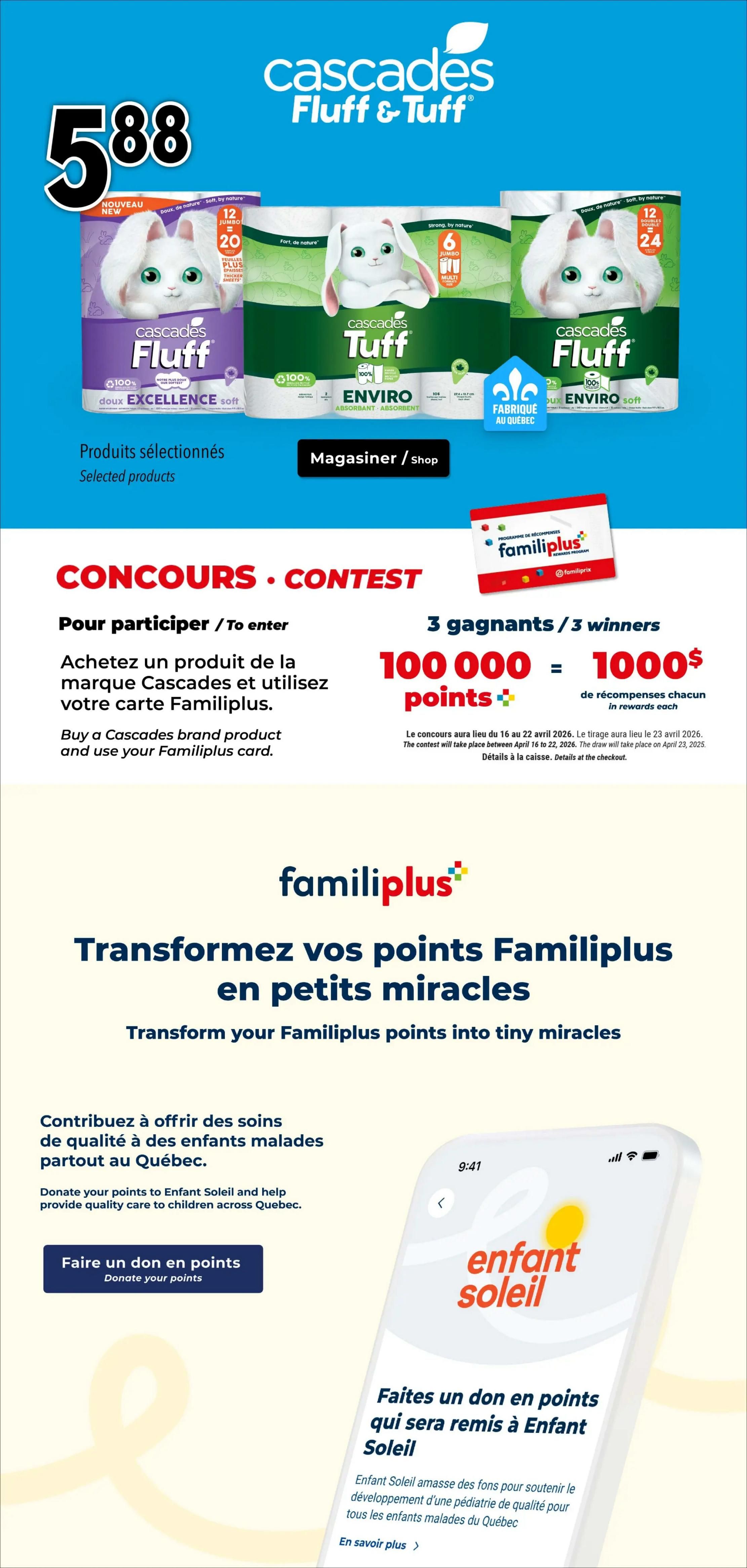 Familiprix flyer page 5 features Cascades Fluff & Tuff selected products, with a special offer of 5.88 for select items. The page also highlights a contest where purchasing a Cascades brand product and using your Familiprix card enters you to win 100,000 points, equivalent to $1000 in rewards, with 3 winners. The contest runs from April 16 to April 22, 2026, with the draw on April 23, 2026. Additionally, there's a promotion to transform Familiprix points into donations for Enfant Soleil, supporting quality care for sick children across Quebec. A 'Donate your points' button is available, and a smartphone display shows the Enfant Soleil donation initiative.