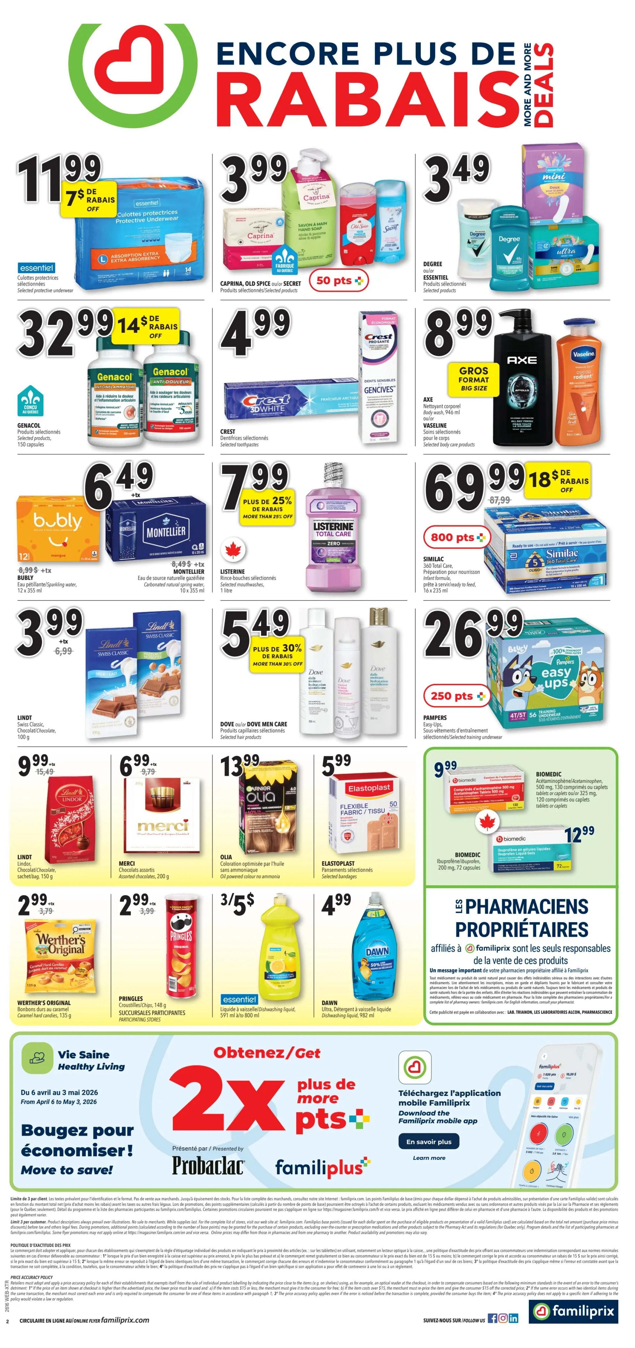 Familiprix flyer page 2 featuring a large 'ENCORE PLUS DE RABATS' (More and More Deals) headline. Products on sale include Essentiel protective underwear for $11.99 with $7.00 off, Caprina, Old Spice, and Secret personal care items for $3.99, and Degree deodorant for $3.49. Crest toothpaste is $4.99, and Genacol pain relief products are $32.99 with $14.00 off. Bubly sparkling water is $6.49, and Montpellier carbonated natural spring water is also $6.49. Listerine Total Care Zero mouthwash is $7.99 with 25% off. Lindt Swiss Classic chocolate bars are $3.99. Dove Men Care hair products are $5.49 with 30% off. Lindt Lindor chocolate bags are $9.99, Merci assorted chocolates are $6.99, and Olia hair colour is $13.99. Elastoplast flexible fabric bandages are $5.99. Werther's Original caramel hard candies are $2.99. Pringles crisps are $2.99. Essentiel dishwashing liquid is 3 for $5. Dawn ultra dishwashing liquid is $4.99. Similac infant formula is $69.99 with $18.00 off and 800 points. Pampers Easy Ups training underwear are $26.99 with 250 points. The page also promotes 'Obtenez/Get 2X plus de more pts' loyalty points with Probarlac and Familiprix, and encourages downloading the Familiprix mobile app. The bottom section includes legal disclaimers and social media links.