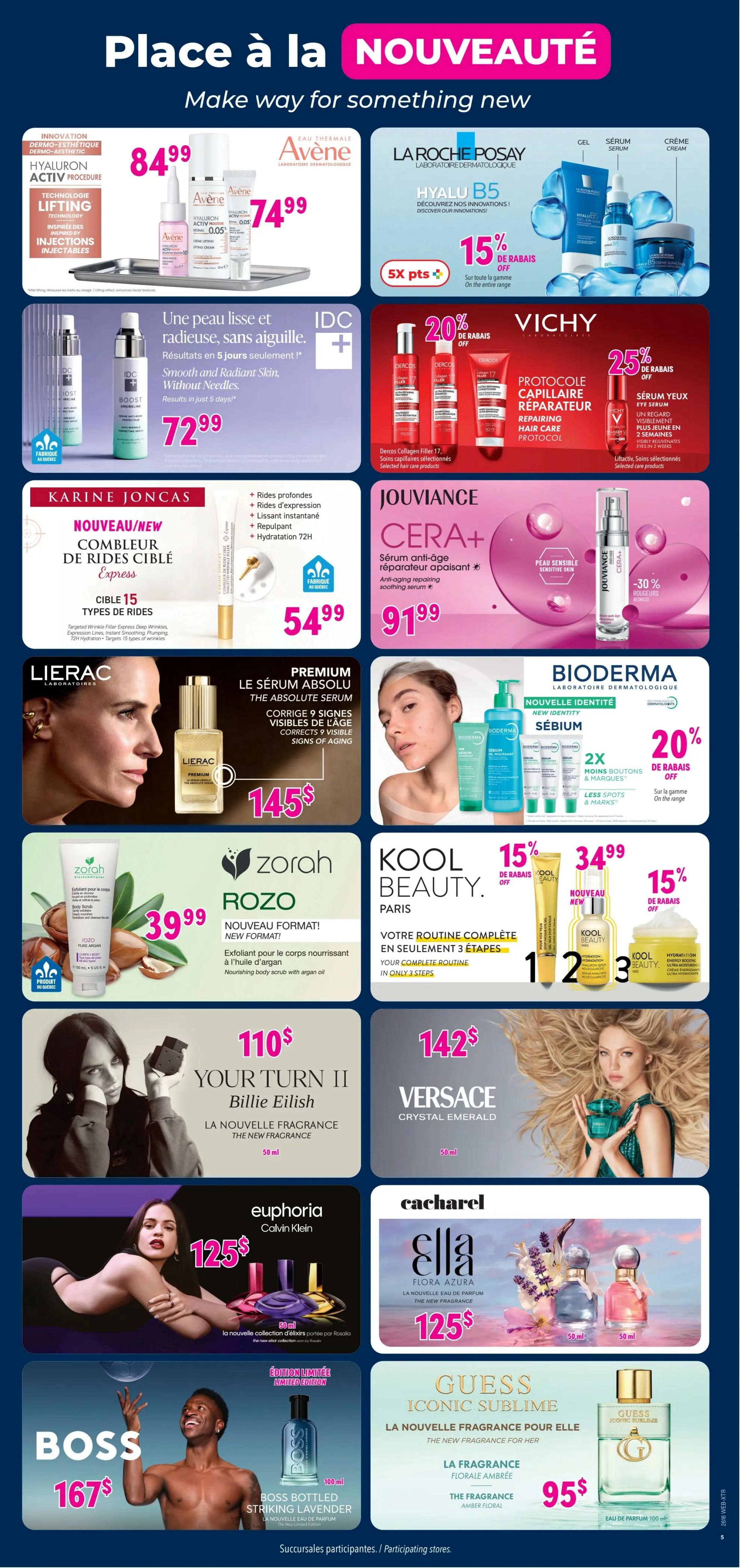 Familiprix flyer page 7 features a variety of beauty and fragrance products. Top section highlights Avène Hyaluron Activ Procedure Lifting Injectables for $84.99 and $74.99. La Roche-Posay Hyalu B5 range is on offer with 15% off and 5x points. IDC offers smooth and radiant skin without needles for $72.99. Vichy Dercos Collagen Filler 17 is 20% off, and Vichy Serum Yeux is 25% off. Karine Joncas Nouveau/New Express Targeted Wrinkle Filler is $54.99. Jouviance Cera+ Anti-aging repairing soothing serum is $91.99 with 30% off. Lierac Le Sérum Absolu The Absolute Serum, correcting 9 visible signs of aging, is $145. Bioderma Sébium New Identity range offers 20% off, with 2x fewer blemishes and less spots & marks. Zorah Rozo Nourishing body scrub with argan oil is $39.99. Kool Beauty Paris offers a complete routine in 3 steps with 15% off on selected items. Billie Eilish Your Turn II The New Fragrance is $110. Versace Crystal Emerald Eau de Parfum is $142. Calvin Klein Euphoria La Nouvelle Collection d'eaux is $125. Cacharel Ella Flora Azura The New Fragrance is $125. Boss Bottled Striking Lavender Eau de Parfum (100 ml) is $167. Guess Iconic Sublime The New Fragrance for Her, a floral amber fragrance, is $95.