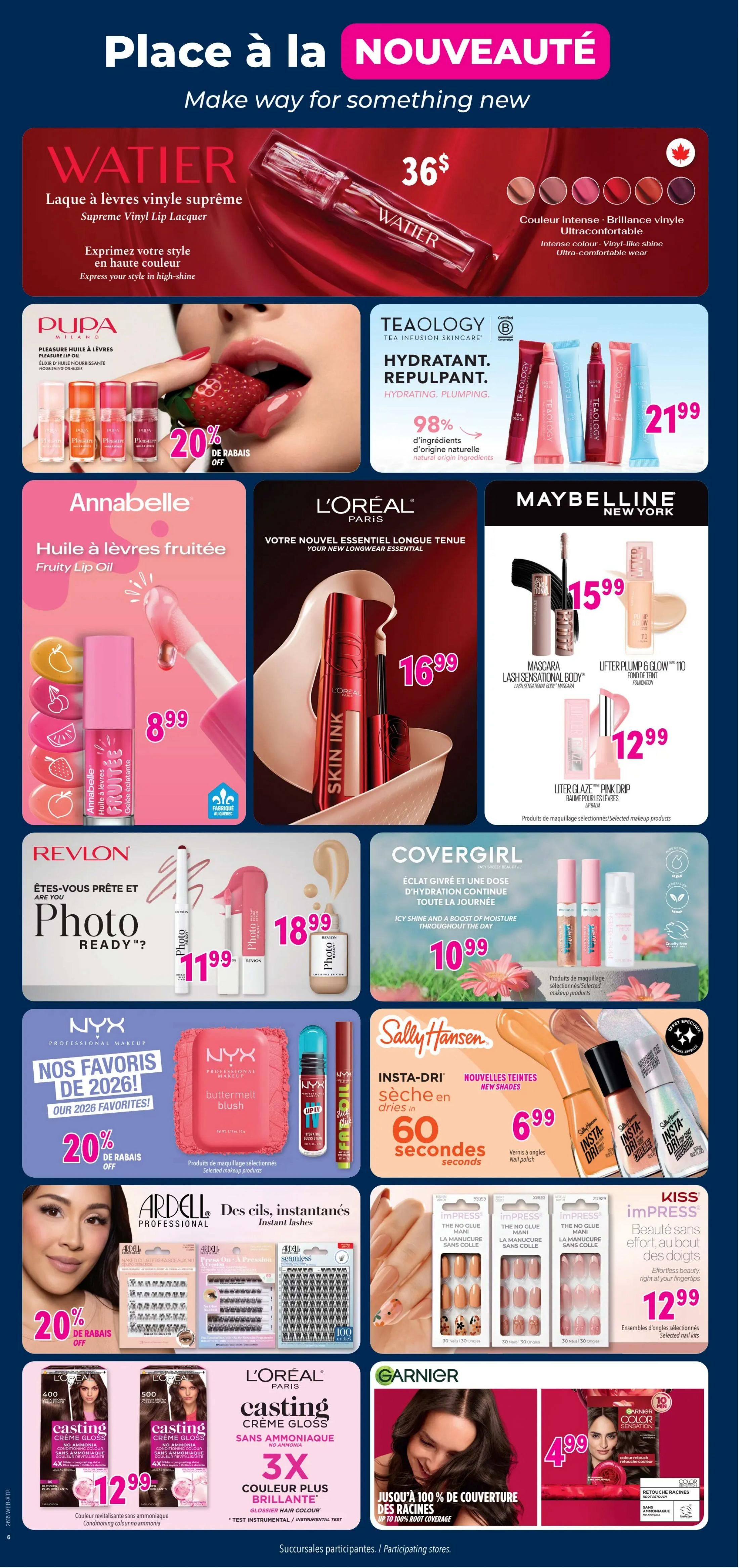 Familiprix flyer page 8 features a 'Make way for something new' beauty section. Featured products include Watier Supreme Vinyl Lip Lacquer for $36, Pupa Milano Pleasure Lip Oil with 20% off, and Teaology Hydrating Plumping skincare for $21.99. Annabelle Fruity Lip Oil is $8.99. L'Oréal Paris Skin Ink is $16.99. Maybelline offers Lash Sensational Body mascara for $15.99 and Liter Glaze Pink Drip lip balm for $12.99. Revlon Photo Ready products are $11.99 and $18.99. Covergirl Icy Shine and a boost of moisture makeup is $10.99. NYX Professional Makeup 'Our 2026 Favorites' includes 20% off selected items like buttermelt blush. Sally Hansen Insta-Dri nail polish is $6.99. Ardell Professional instant lashes are featured. Kiss Impress 'The No Glue Mani' nail kits are $12.99. L'Oréal Paris Casting Crème Gloss hair colour is $12.99, offering 3x glossier colour. Garnier Color Sensation hair colour is $4.99 with up to 100% root coverage.