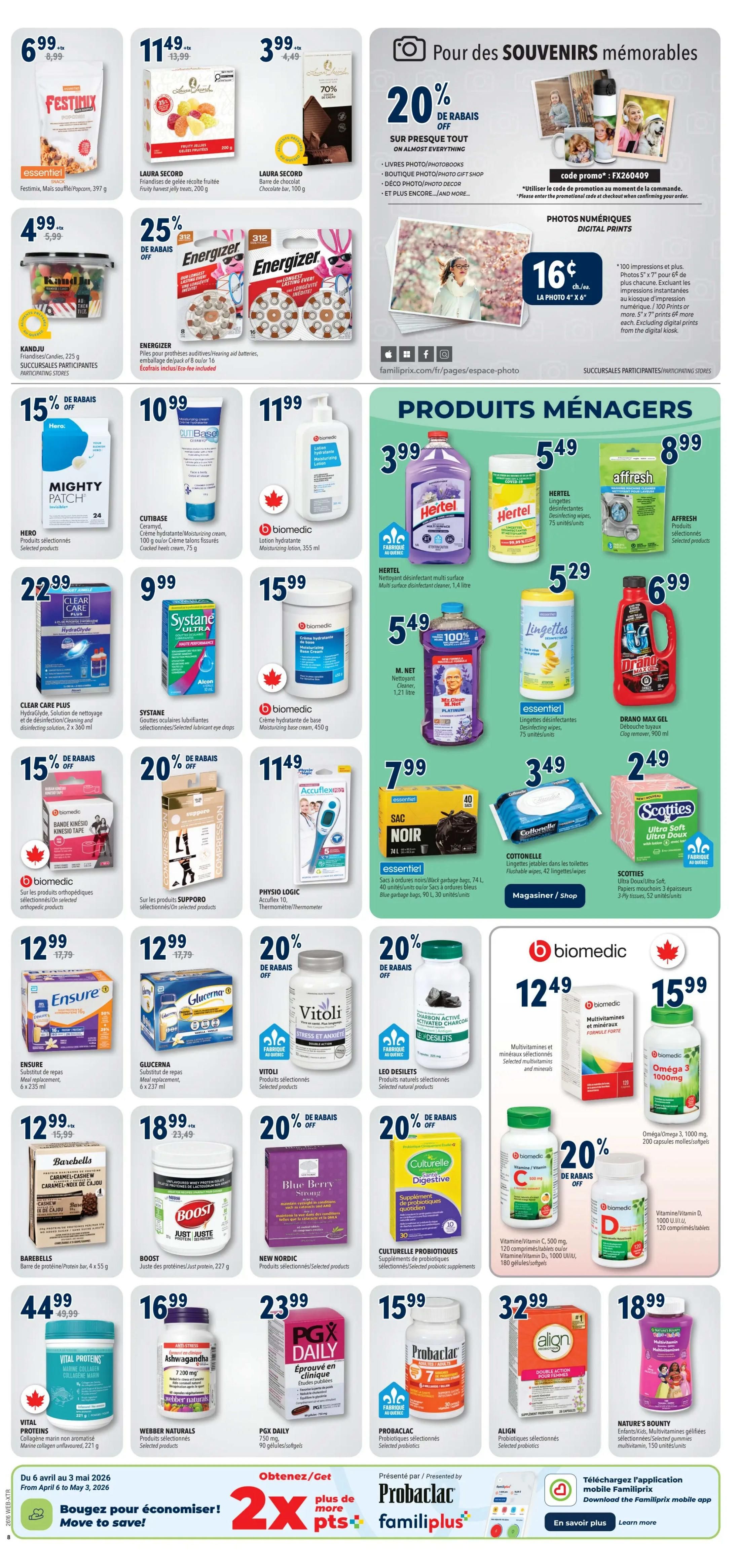 Familiprix flyer page 13 featuring a variety of products. Top section includes Festimix snacks for $6.99, Laura Secord fruit jelly treats for $11.49, and Laura Secord chocolate bars for $3.99. There's a 20% off promotion on photo services including photo books, gift shop items, and digital prints, with 5' x 7' prints at $0.16 each. Energizer batteries are 25% off. Mighty Patch is 15% off. Household cleaning products include Hertel multi-surface cleaner for $5.49, Affresh dishwasher cleaner for $8.99, M. Net cleaner for $5.49, and Drano Max Gel for $6.99. Essential brand black garbage bags are $7.99 and Cottonelle wipes are $3.49. Health and wellness products include Cutibase moisturizing cream for $10.99, Biomedic moisturizing lotion for $11.99, Systane eye drops for $9.99, Biomedic moisturizing base cream for $15.99, Physio Logic thermometer for $11.49, Vitoli products and Leo Desilets activated charcoal for 20% off. Ensure meal replacement is $12.99, Glucerna meal replacement is $12.99. Barebells protein bars are $12.99. Boost Just Protein is $18.99. New Nordic Blue Berry Strong is 20% off. Culturelle Digestive probiotics are 20% off. Biomedic multivitamins are $12.49 and Omegat 3 1000 mg is $15.99. Webber Naturals Ashwagandha is $16.99. PGX Daily is $23.99. Probiaclac probiotics are $15.99. Align probiotics are $32.99. Nature's Bounty gummies are $18.99. The bottom section promotes earning 2x plus points with Probiaclac and Familiprix, and downloading the Familiprix mobile app.