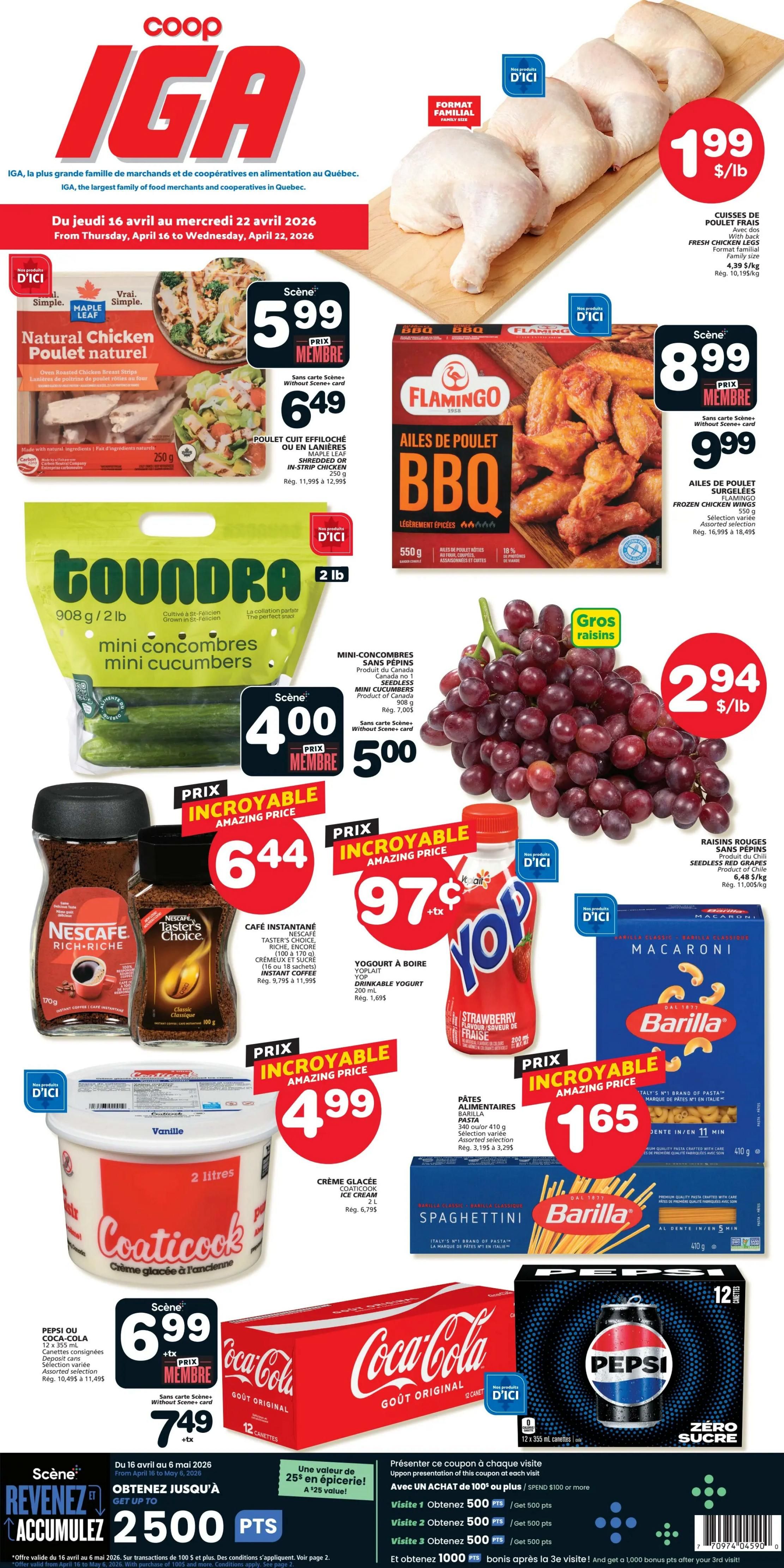 IGA flyer for The Magdalen Islands, valid from April 16 to April 22, 2026. Features fresh chicken legs for $1.99/lb, and Flamingo BBQ frozen chicken wings for $8.99 (member price) or $9.99. Maple Leaf natural chicken breast strips are $5.99 (member price) or $6.49. Toundra mini cucumbers are $4.00 (member price) or $5.00. Red seedless grapes are $2.94/lb. Nescafe Rich & Rich instant coffee is $6.44. Yop strawberry drinkable yogurt is $0.97. Coaticook ice cream is $4.99. Barilla pasta, including spaghetti, is $1.65. Coca-Cola and Pepsi 12-packs are $6.99 (member price) or $7.49. Also features a promotion to accumulate up to 2500 points with purchases.