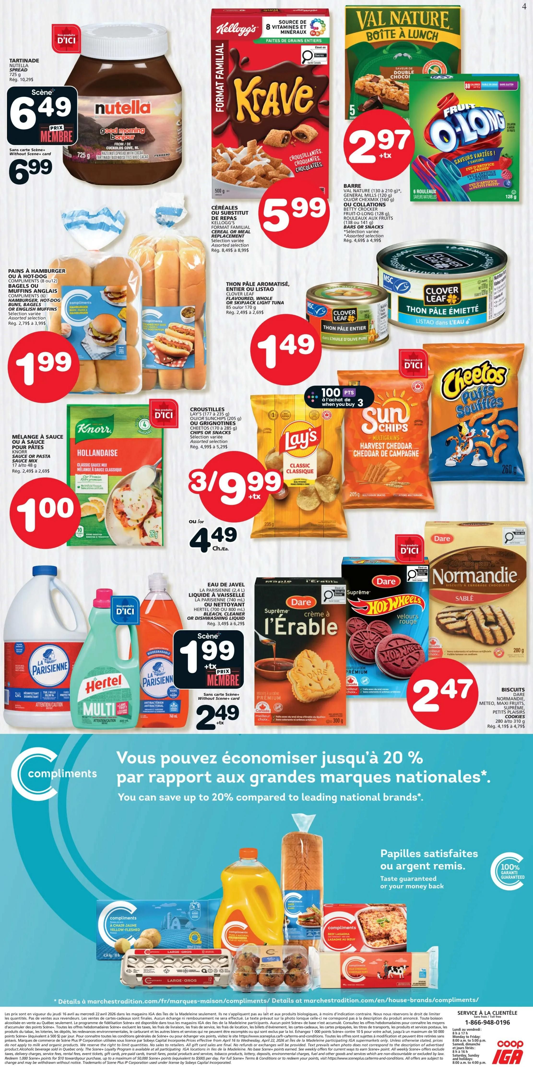 IGA weekly flyer specials for the Magdalen Islands, Page 2. Featured items include Nutella Spread for $6.49 (member price) or $6.99, Kellogg's Krave Cereal for $5.99, Val Nature Lunch Box bars and O-Long fruit snacks for $2.97, Clover Leaf Flavoured, Whole or Light Tuna for $1.49. Also on sale are Hamburger, Hot Dog, or English Muffins for $1.99, Knorr Hollandaise Sauce Mix for $1.00, Lay's Classic Chips, SunChips Multigrains, or Cheetos Puffs Snacks for 3 for $9.99 or $4.49 each. La Parisienne or Hertel Cleaning Liquids are $1.99 (member price) or $2.49. Dare Normandie Biscuits are $2.47. The flyer also highlights savings of up to 20% compared to leading national brands, with taste guaranteed or your money back on select items.