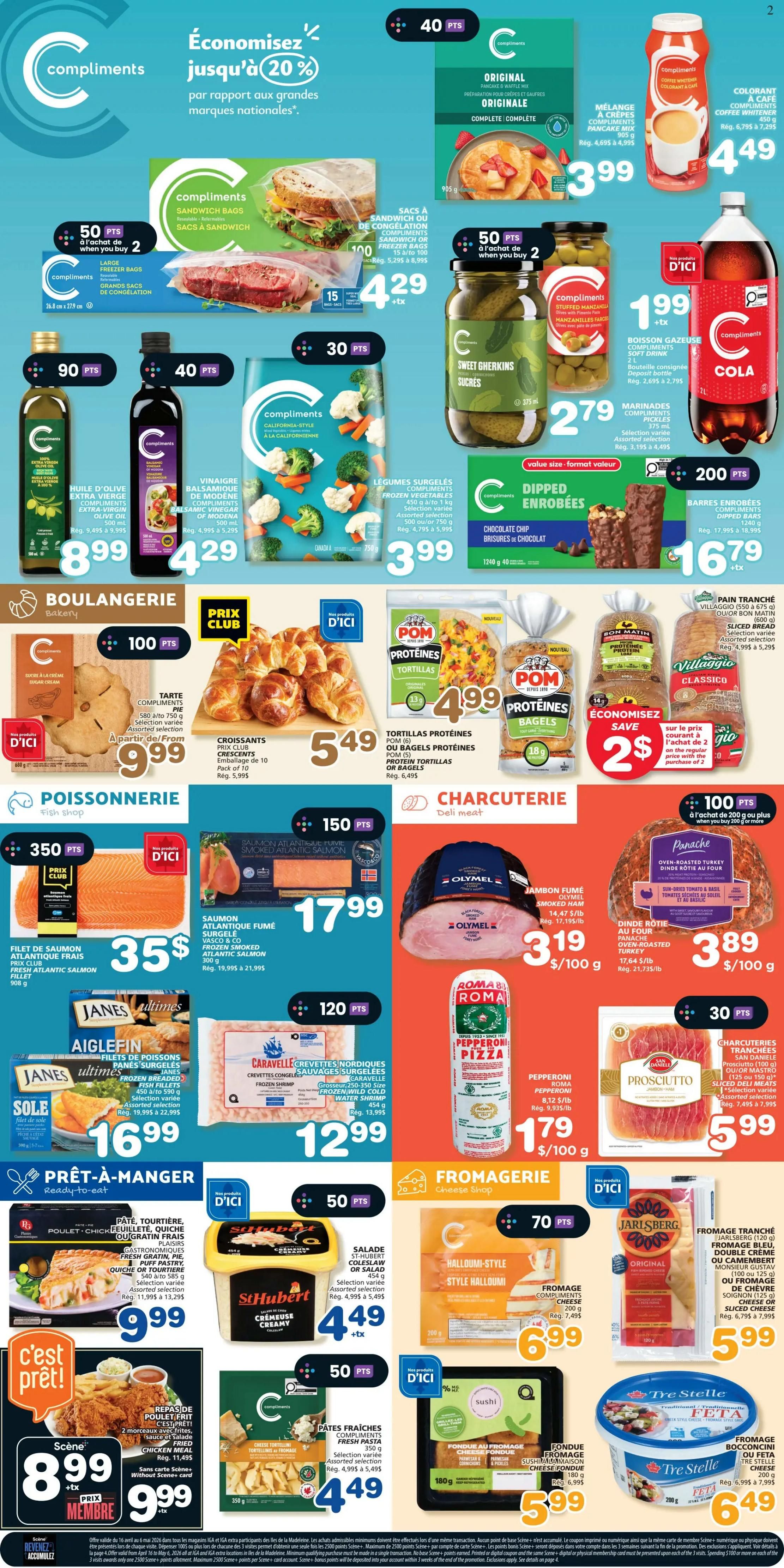 IGA Weekly Flyer Specials Page 3 features a wide variety of products. In the compliments section, find sandwich bags for $4.29, extra virgin olive oil for $8.99, balsamic vinegar of Modena for $4.29, and frozen vegetables for $3.99. Also available are original pancake mix for $3.99, coffee whitener for $4.49, sweet gherkins for $2.79, and chocolate chip dipped enrobées for $16.79. Bakery items include Tarte Compliments for $9.99 and croissants for $5.49. Pom protein tortillas are $4.99 and bagels are $5.49. Fish shop offers fresh Atlantic salmon for $17.99, fresh Atlantic salmon fillet for $35, and frozen shrimp for $12.99. Janes ultimates fish fillets are $16.99. Deli meat includes Olymel smoked ham for $3.19/100 g, Panache oven-roasted turkey for $3.89/100 g, Roma pepperoni pizza for $1.79/100 g, and sliced deli meats for $5.99. Ready-to-eat meals feature chicken or quiche fresh plates for $9.99 and chicken meals for $8.99. Cheese shop offers St. Hubert coleslaw or salad for $4.49, St. Hubert creamy creameuse for $4.49, Compliments halloumi-style cheese for $6.99, Jarlsberg cheese for $6.79, Tre Stelle feta cheese for $6.99, Compliments fresh pasta for $4.49, and sushi fondue for $6.99.