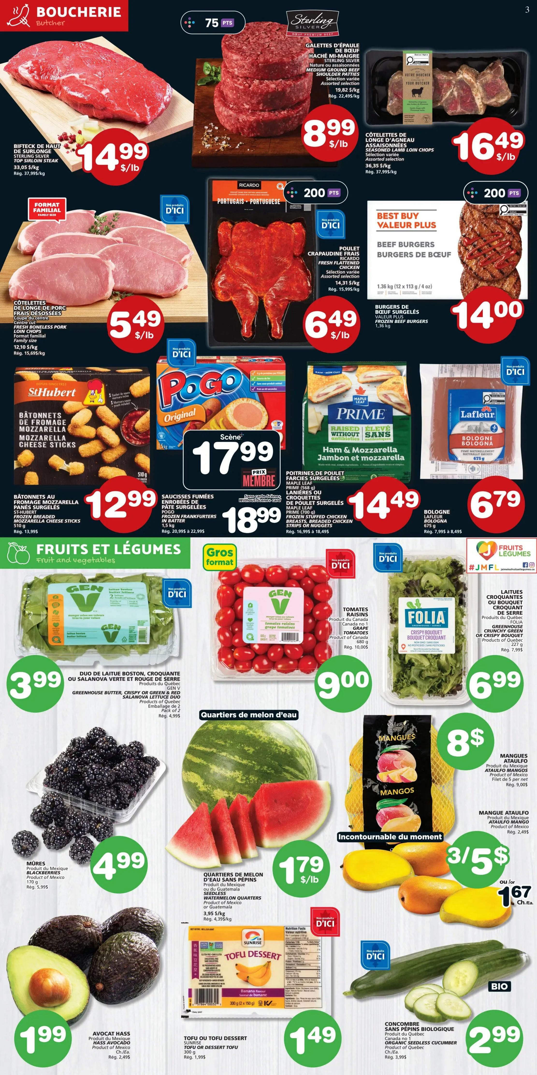 IGA Weekly Flyer Specials Page 4: Features a variety of meat products including Sterling Silver beef burgers for $8.99/lb, Sterling Silver medium ground beef for $8.99/lb, and lamb loin chops for $16.49/lb. Also available are family-size pork chops for $5.49/lb, Ricardo fresh flattened chicken for $6.49/lb, and frozen beef burgers for $14.00. Frozen St-Hubert mozzarella cheese sticks are $12.99, Pogo original frankfurters are $17.99, and Maple Leaf ham and mozzarella raised without antibiotics is $14.49. Lafleur bologna is $6.79. In the fruits and vegetables section, find Gen V greenhouse butter or red Boston lettuce for $3.99, Gen V grape tomatoes for $9.00, and Folia crispy bouquet or green salad for $6.99. Seedless watermelon quarters are $1.79/lb, blackberries from Mexico are $4.99, and Hass avocados are $1.99. Sunrise Tofu or Tofu Dessert is $1.49. Ataulfo mangos are $8/bag and also on special at 3 for $5 or 1.67 each. Organic seedless cucumbers are $2.99.
