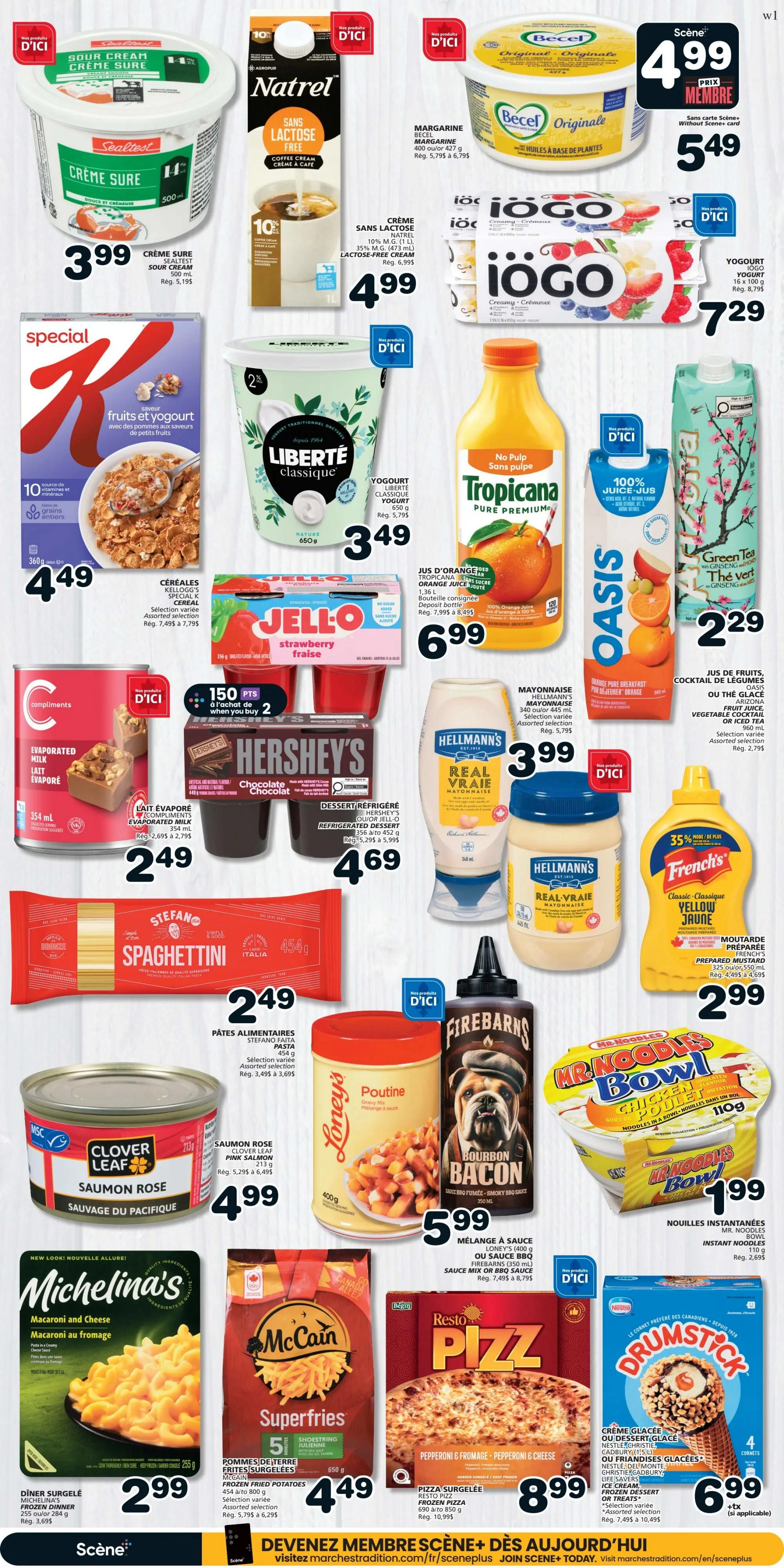 IGA flyer page 5 featuring various grocery items. Top row includes Sealtest Sour Cream for $3.99, Natrel Lactose-Free Coffee Cream for $4.99, Becel Original Margarine for $5.49 (member price), and Iögo Yogurt for $7.29. Middle row showcases Kellogg's Cereal for $4.49, Liberté Classique Yogurt for $3.49, Tropicana Pure Premium Orange Juice for $6.99, and Oasis Juice for $2.29. The bottom section highlights Compliments Evaporated Milk for $2.49, Hershey's Refrigerated Dessert for $4.69, Hellmann's Real Mayonnaise for $3.99, and French's Yellow Mustard for $2.99. Further down, Stefano Spaghetti for $2.49, Loney's Poutine for $5.99, Firebarns Bourbon Bacon Sauce for $5.99, Mr. Noodle Instant Noodles for $1.99, Clover Leaf Pink Salmon for $4.99, Michelina's Frozen Dinner Macaroni and Cheese for $2.99, McCain Superfries Frozen French Fries for $4.49, Resto Pizza Frozen Pizza for $8.99, and Nestlé Drumstick Ice Cream Cones for $6.99 (plus applicable taxes applicable.