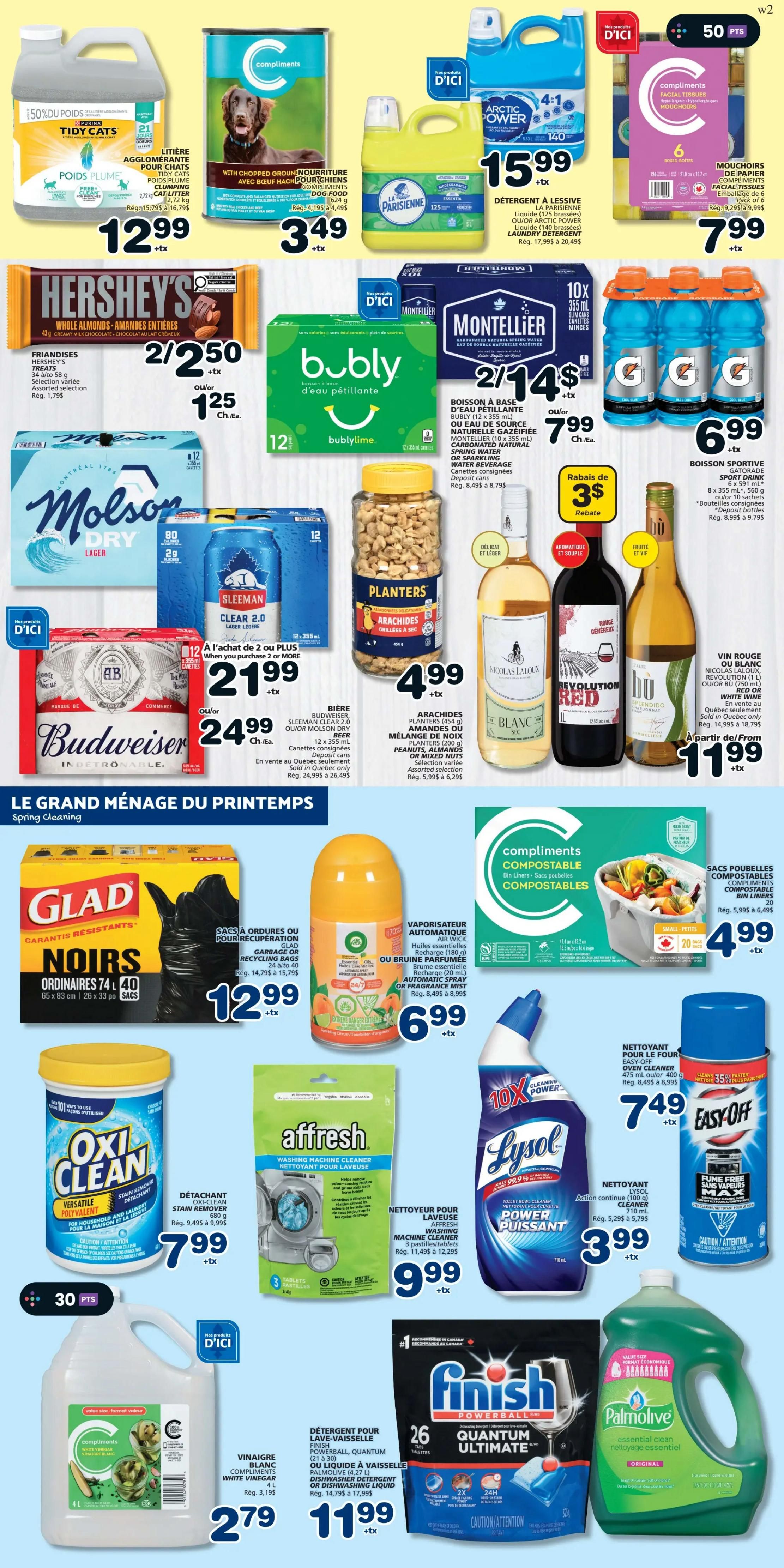 IGA weekly flyer specials, page 6. Featured are Purina Tidy Cats clumping litter for $12.99, Compliments dog food for $3.49, Parisienne or Arctic Power laundry detergent for $15.99, and Compliments facial tissues for $7.99. Hershey's chocolate bars are 2 for $2.50, Bubly sparkling water is 2 for $14 or $7.99 each, and Montellier sparkling water or natural spring water is 2 for $14 or $7.99 each. Molson Dry Lager is 24 cans for $21.99 when you buy 2 or more, or $24.99 each. Sleeman Clear 2.0 lager is also $21.99 when you buy 2 or more. Planters peanuts or mixed nuts are $4.99. Nicolas Laloux white or red wine is $11.99. Glad garbage bags are $12.99. Air Wick automatic spray is $6.99. Compliments compostable bin liners are $4.99. Oxi Clean stain remover is $7.99. Affresh washing machine cleaner is $9.99. Lysol toilet bowl cleaner is $3.99. Easy Off oven cleaner is $7.49. Compliments white vinegar is $2.79. Finish Quantum Ultimate dishwasher detergent is $11.99. Palmolive essential clean dishwashing liquid is also $11.99. Spring cleaning section includes Glad garbage bags, Air Wick automatic spray, Oxi Clean stain remover, Affresh washing machine cleaner, Lysol toilet bowl cleaner, Easy Off oven cleaner, Finish Quantum Ultimate dishwasher detergent, and Palmolive dishwashing liquid.
