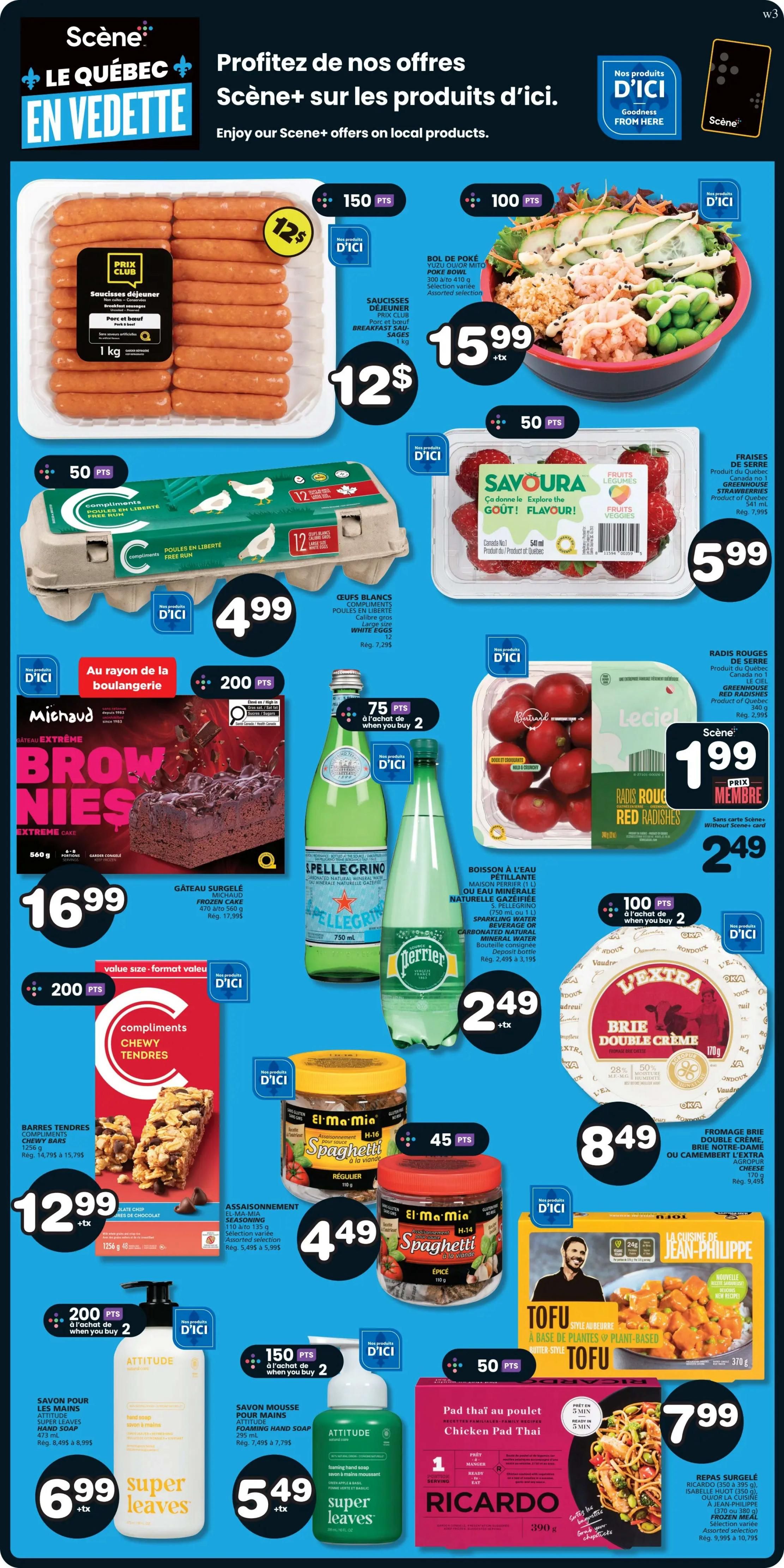 IGA weekly flyer specials for The Magdalen Islands, page 7. Featured items include: Pork and beef breakfast sausages for $12.99, Poke bowl with assorted selection for $15.99, large size white eggs (12 count) for $4.99, Savoura greenhouse strawberries for $5.99, Michaud frozen extreme cake for $16.99, Pellegrino and Perrier sparkling water 750ml bottles for $2.49 each when you buy 2, Leciel red radishes for $1.99 (member price, $2.49 regular), Compliments chewy bars for $12.99, El-Ma-Mia spaghetti sauce for $4.49, L'Extra double crème brie cheese for $8.49. Also on sale: Attitude liquid hand soap for $6.99 (when you buy 2), Attitude foaming hand soap for $5.49 (when you buy 2), and Ricardo frozen meal Chicken Pad Thai for $7.99.