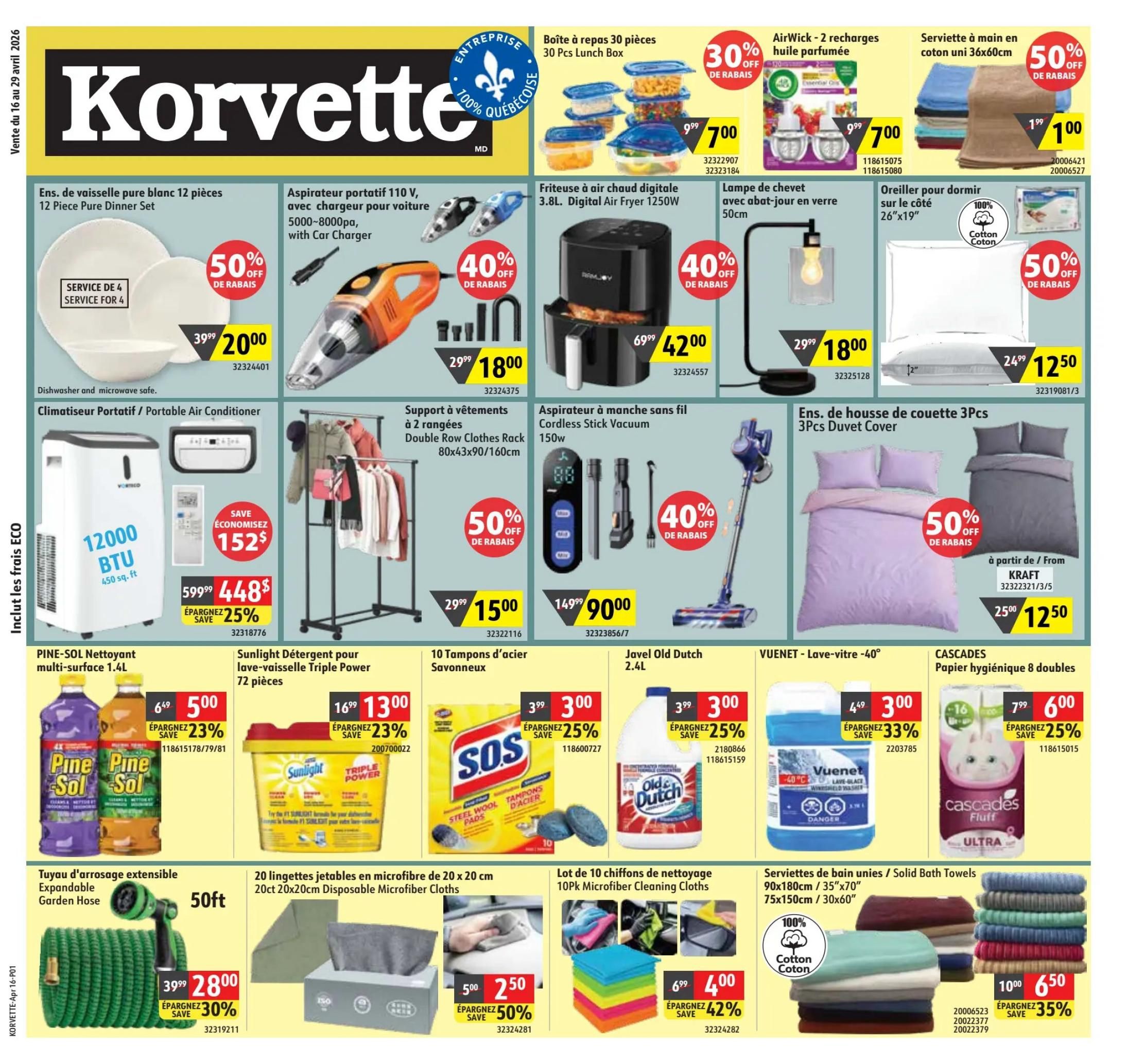 Korvette flyer page 1 featuring various specials. Deals include a 12-piece pure white dinner set for $20.00 (50% off), a 110V portable car vacuum for $18.00 (40% off), a 3.8L digital air fryer for $42.00 (40% off), and AirWick 2-recharge scented oil refills for $7.00. Also available are 36x36cm cotton hand towels for $1.00 (50% off), a 50cm glass bedside lamp for $18.00 (40% off), and a 26'x19' pillow for $12.50 (50% off). A 3-piece duvet cover set is on sale for $12.50 (50% off). Other offers include a portable air conditioner for $448.00 (save $152, 25% off), a double row clothes rack for $15.00 (50% off), a cordless stick vacuum for $90.00 (40% off). Cleaning supplies on sale are PINE-SOL multi-surface cleaner 1.4L for $5.00 (save 23%), Sunlight Triple Power dishwasher detergent (72 pieces) for $13.00 (save 23%), SOS steel wool soap pads (10 count) for $3.00 (save 25%), Javel Old Dutch 2.4L cleaner for $3.00 (save 25%), and Vuienet -40° windshield washer fluid for $3.00 (save 33%). Also featured is a 50ft expandable garden hose for $28.00 (save 30%), 20x20cm disposable microfiber cloths for $2.50 (save 50%), a 10-pack of microfiber cleaning cloths for $4.00 (save 42%), and 8-double roll packs of Cascades Fluff toilet paper for $6.00 (save 25%). Finally, solid bath towels (90x180cm or 75x150cm) are available for $6.50 (save 35%).
