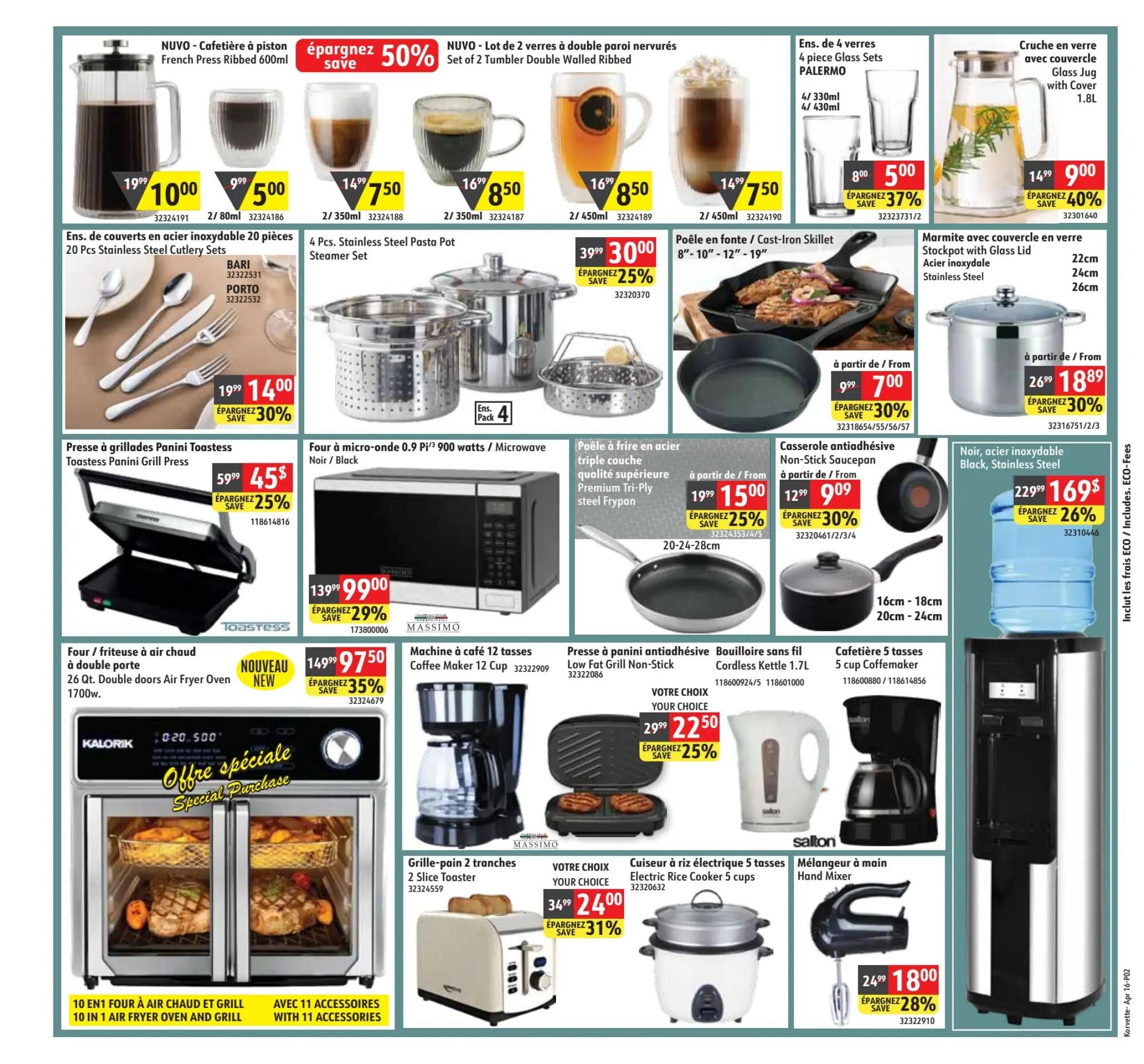Korvette flyer page 2 features a variety of kitchenware and small appliances. Save 50% on a NUVO French Press Ribbed Coffee Maker for $10.00, originally $19.99. Also available are NUVO double-walled tumblers, 2 for $7.50. Get a 4-piece Stainless Steel Pasta Steamer Set for $30.00, saving 25%. Save 30% on a 20-piece Stainless Steel Cutlery Set, now $14.00. Explore a Cast-Iron Skillet for $7.00, with 30% off. A 4-piece Palermo Glass Set is $5.00, a 37% saving. A 1.8L Glass Jug with Cover is $9.00, with 40% off. Save 30% on a Stainless Steel Stockpot with Glass Lid, priced at $18.89. A Toastess Panini Grill Press is $45.00, with 25% off. A 0.9 cu ft Massimo Microwave is $99.00, a 29% saving. A 26 Qt. double doors Kalorik Air Fryer Oven is $97.50, with 35% off and includes 11 accessories. A 12-cup Coffee Maker is $22.50. A Low Fat Grill Non-Stick Panini Press is also $22.50. A Salton Cordless Kettle is available. A 2 Slice Toaster is $24.00, saving 31%. An Electric Rice Cooker is available. A Salton Hand Mixer is $18.00, with 28% off.